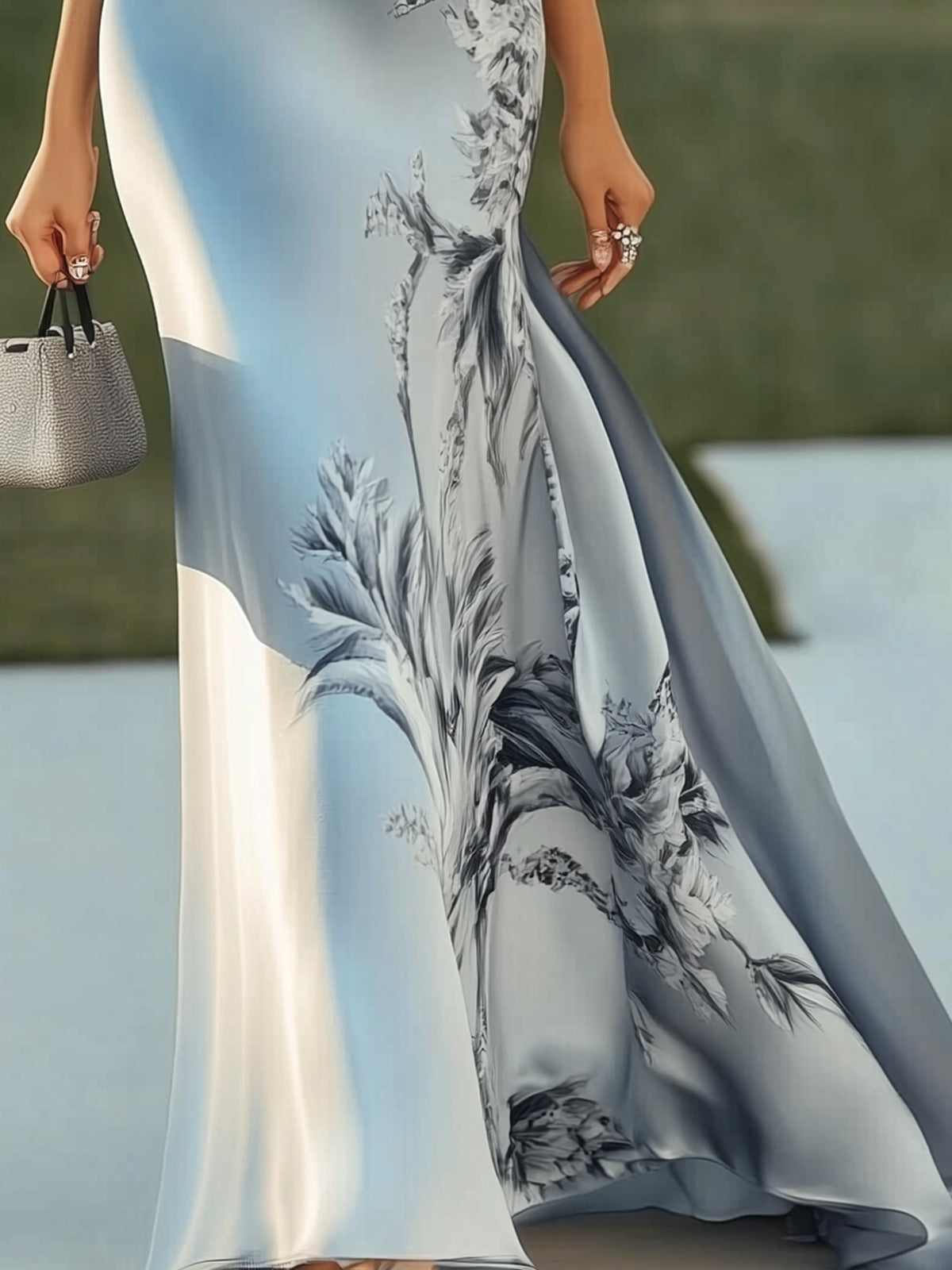 Ruched One Shoulder Floral Print Satin Maxi Dress