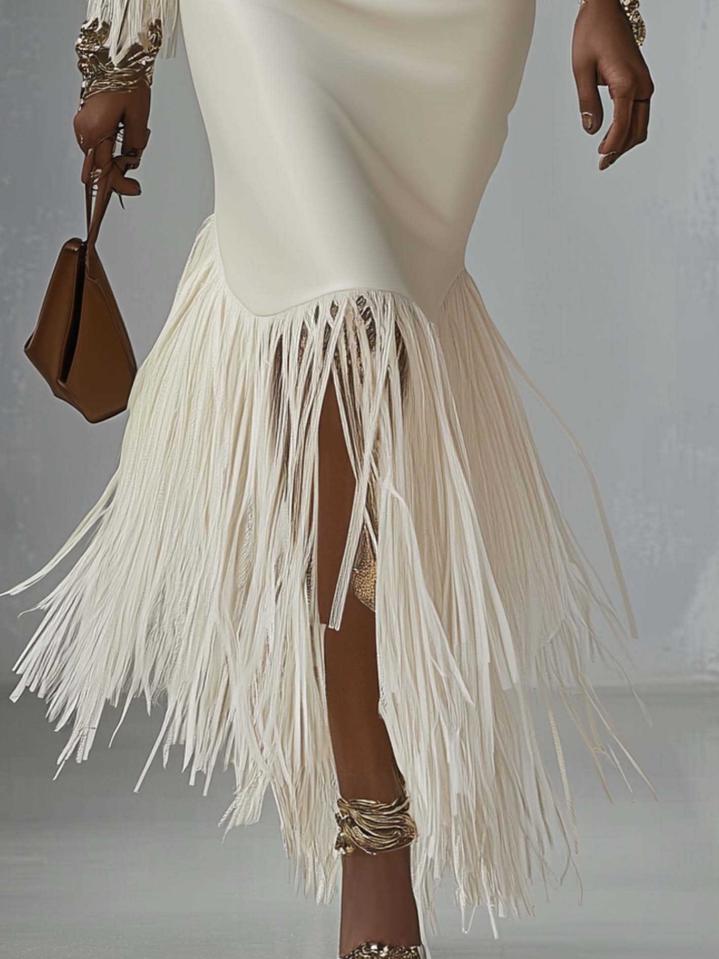 White Faux Leather Bodycon Dress With Tassel Trim