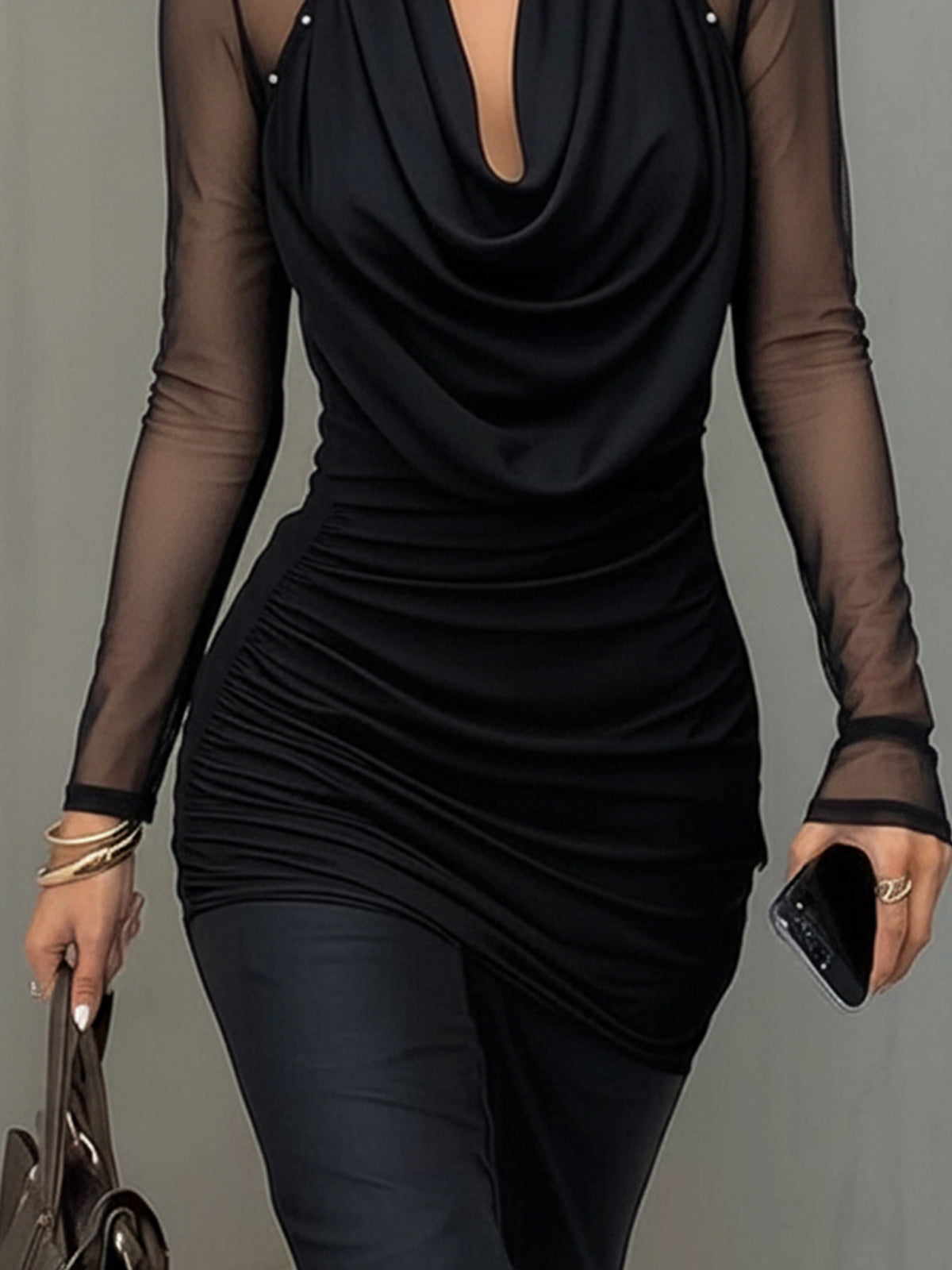 Black Sheer Sleeve Pearl Embellished Cowl Neck T-shirt