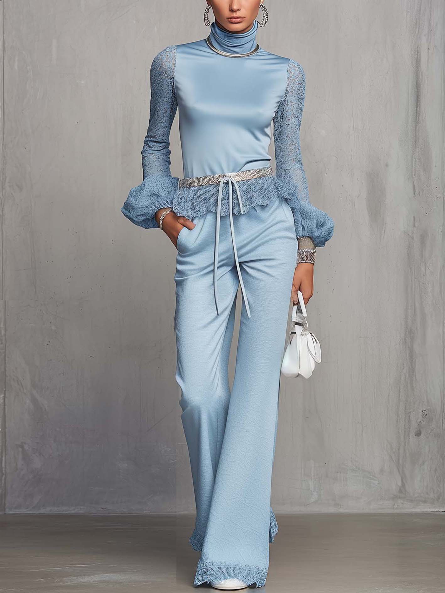 Sky Blue Satin Lace Sleeve Top And Pants Set (No Belt)