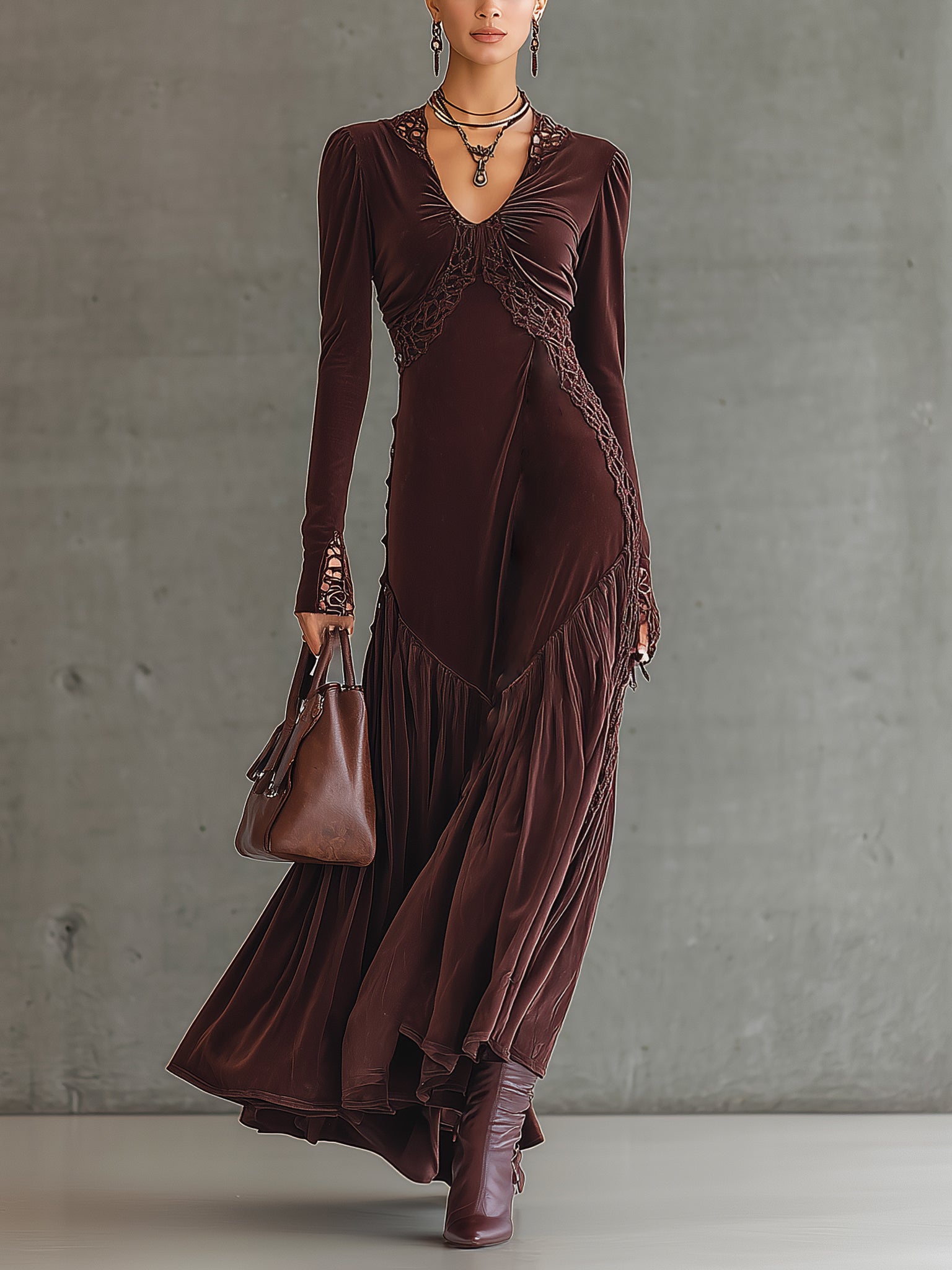 Burgundy Velvet Mesh Paneled Long Sleeve Maxi Dress