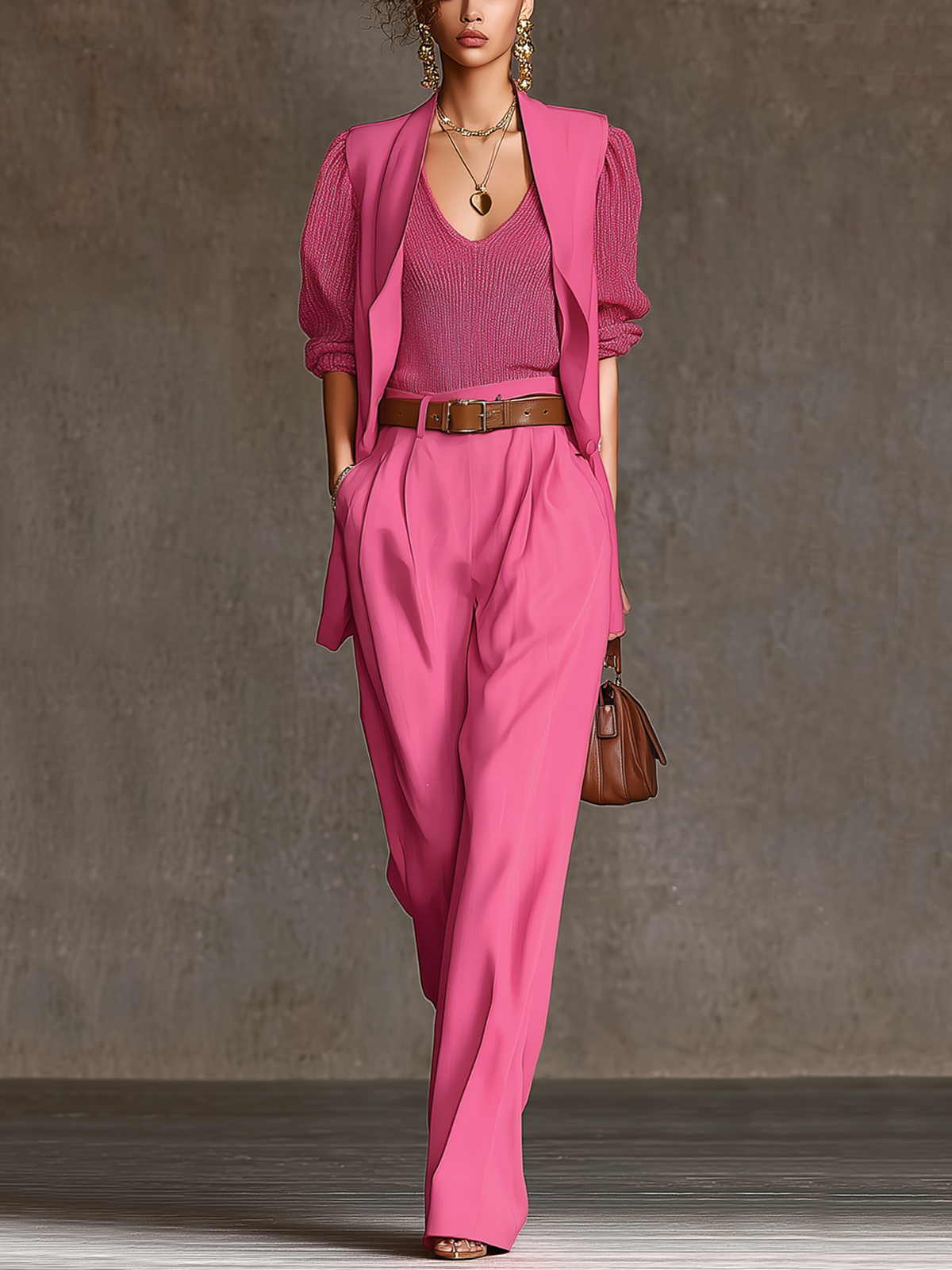 Pink Woven V-neck Puff-sleeved Pleated Loose-fitting Suit