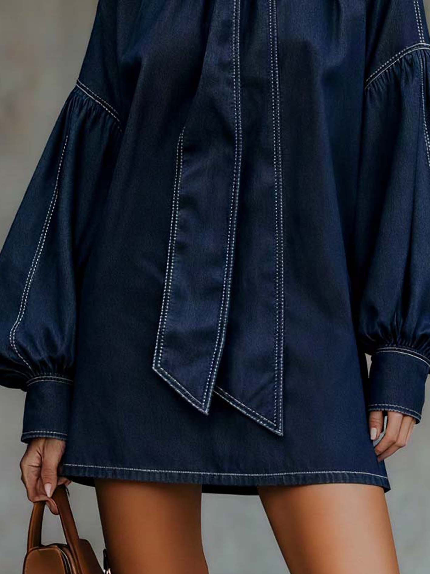 Blue Turtleneck Faux Suede Mini Dress With Tie