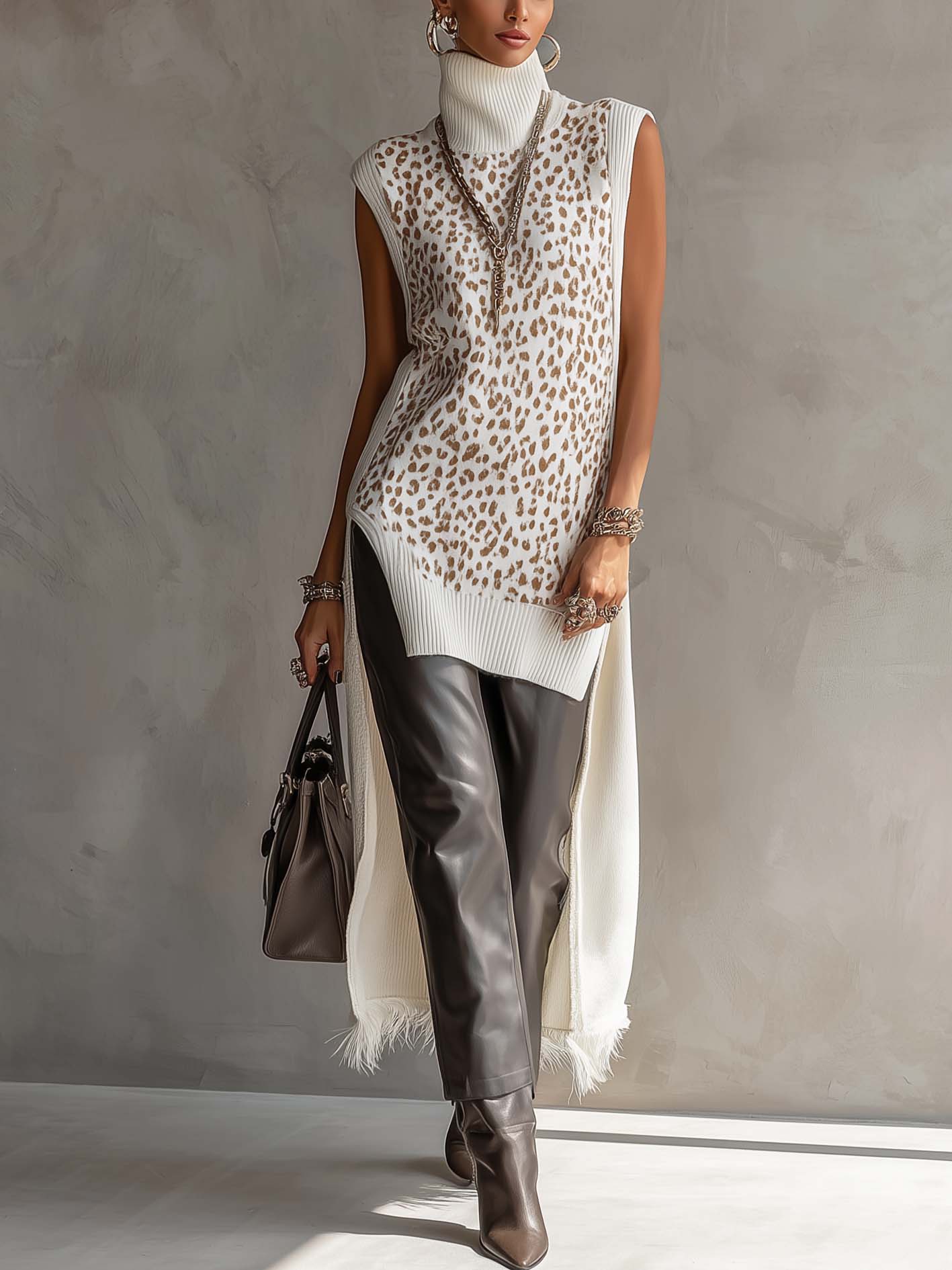 White Leopard Patchwork Feather Hem Sleeveless Turtleneck Sweater