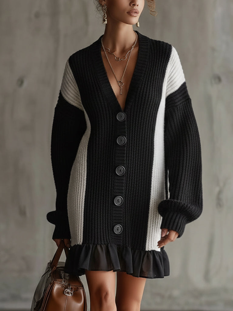 Black And White Knit Button-Up Ruffle Mini Dress