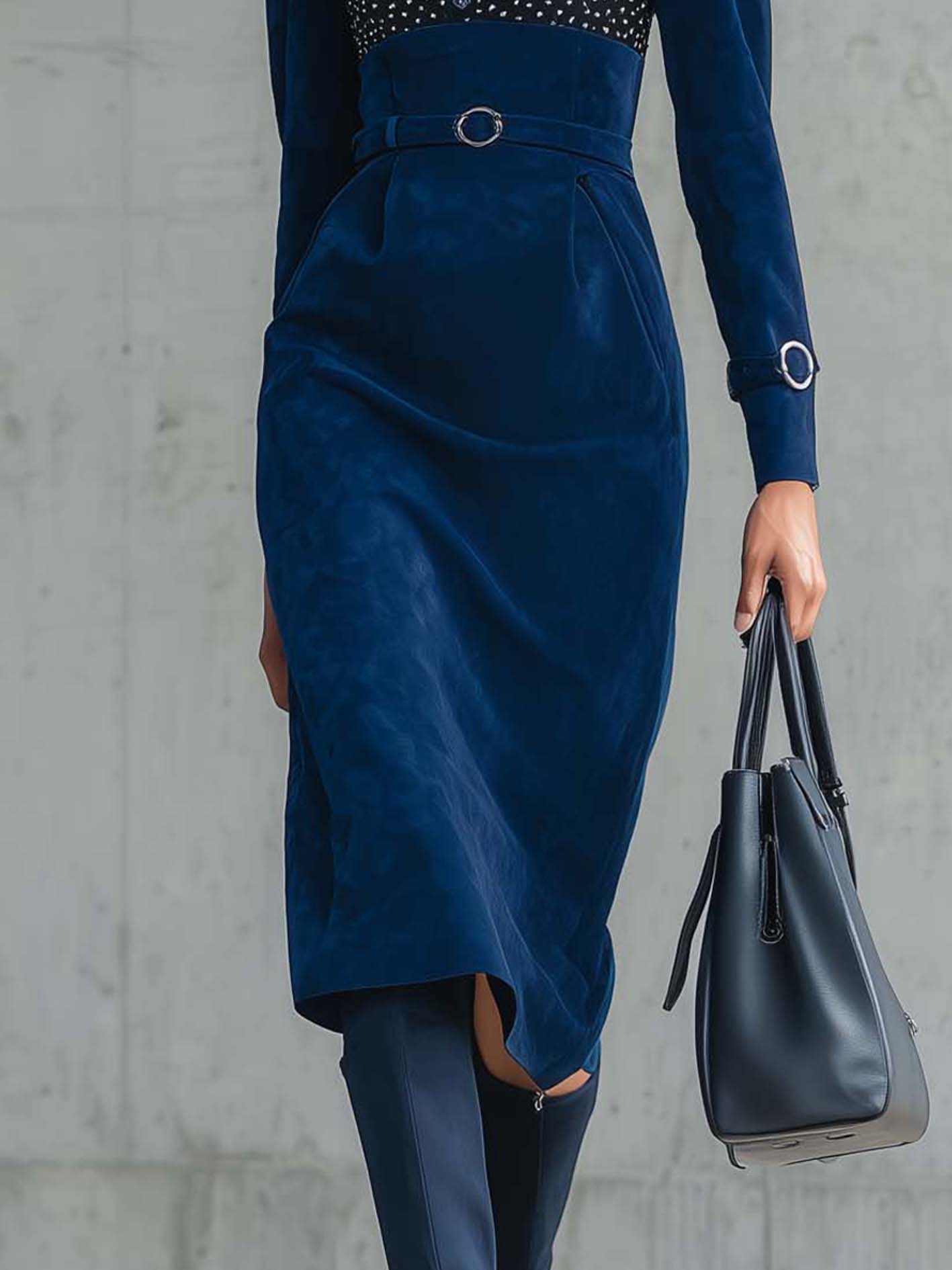 Navy Blue Faux Suede Bodycon Dress With Polka Dots