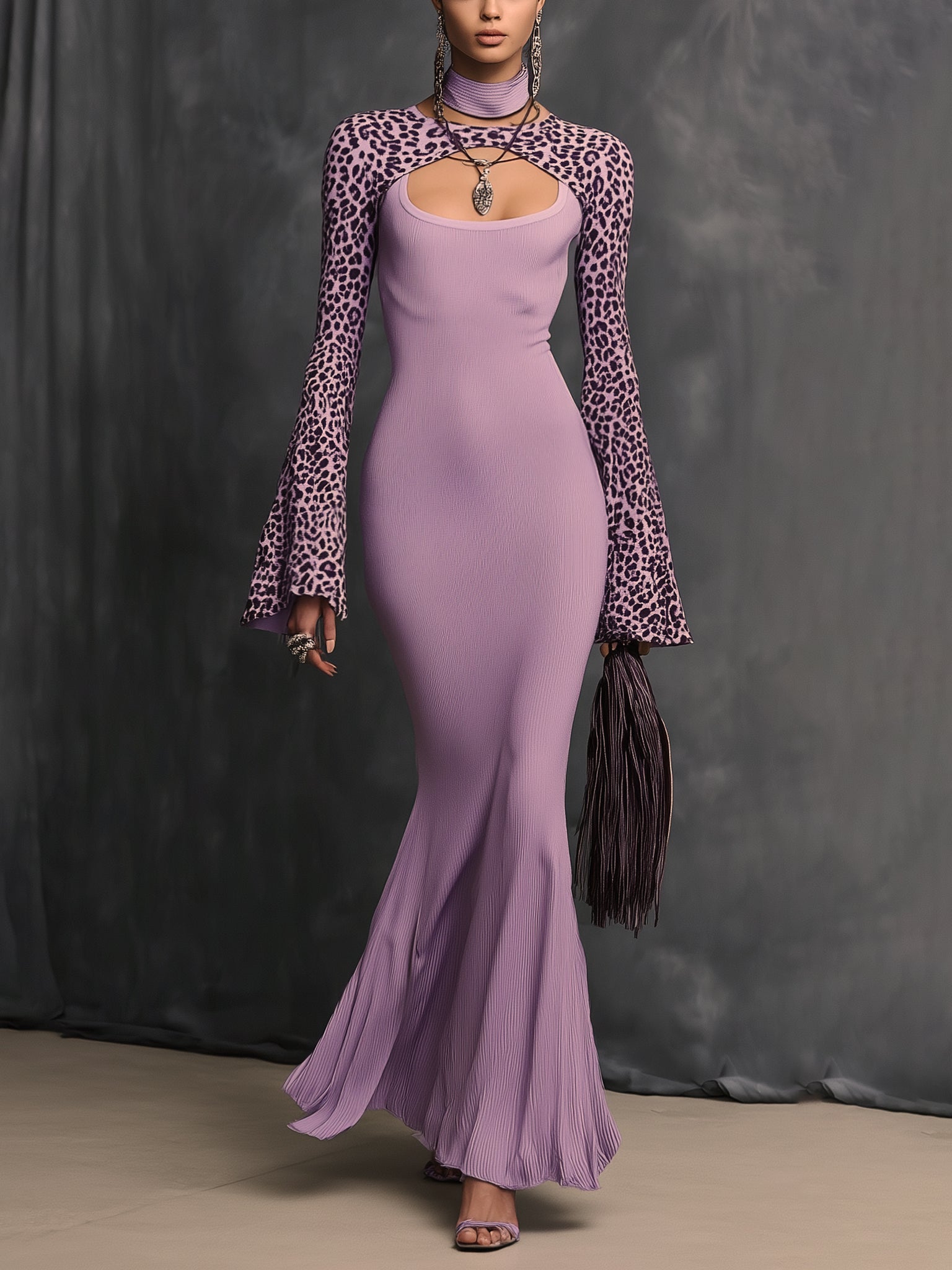 Lilac Leopard Sleeve Cutout Knit Long Sleeve Maxi Dress