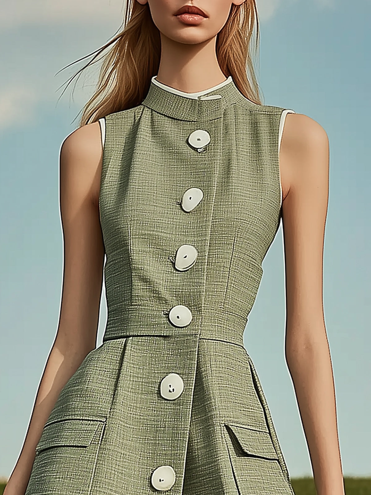 Button Up Casual Dress With Ruffled Hem And Multiple Pockets