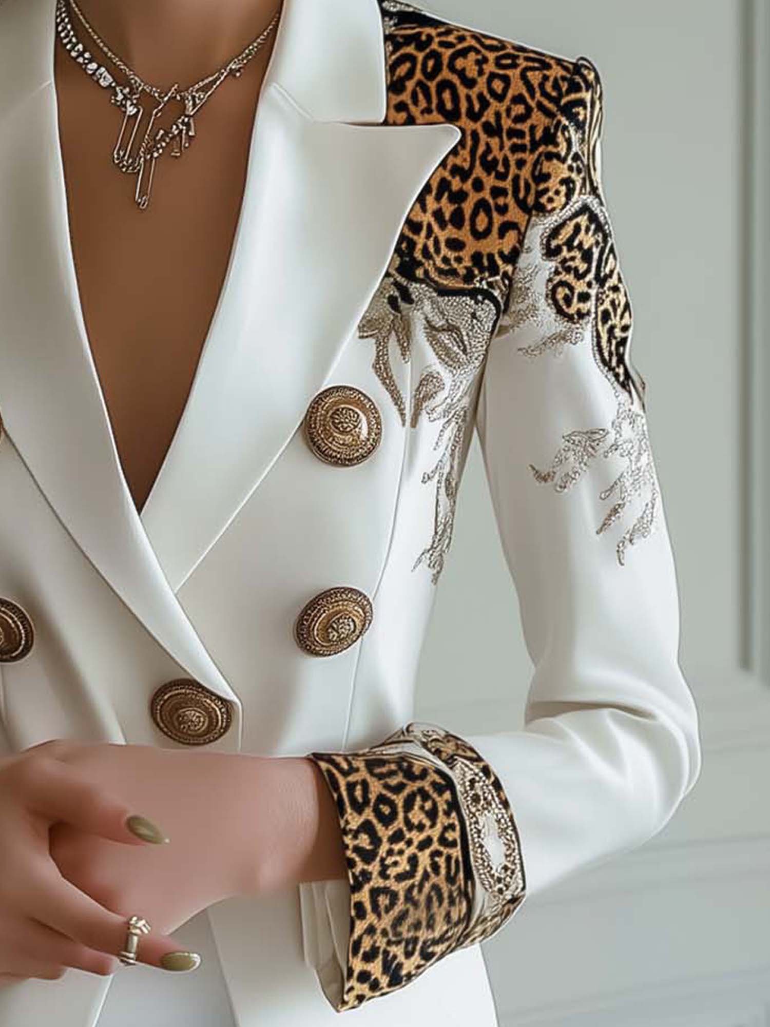 Stylish Lady White Satin Blazer With Leopard Print