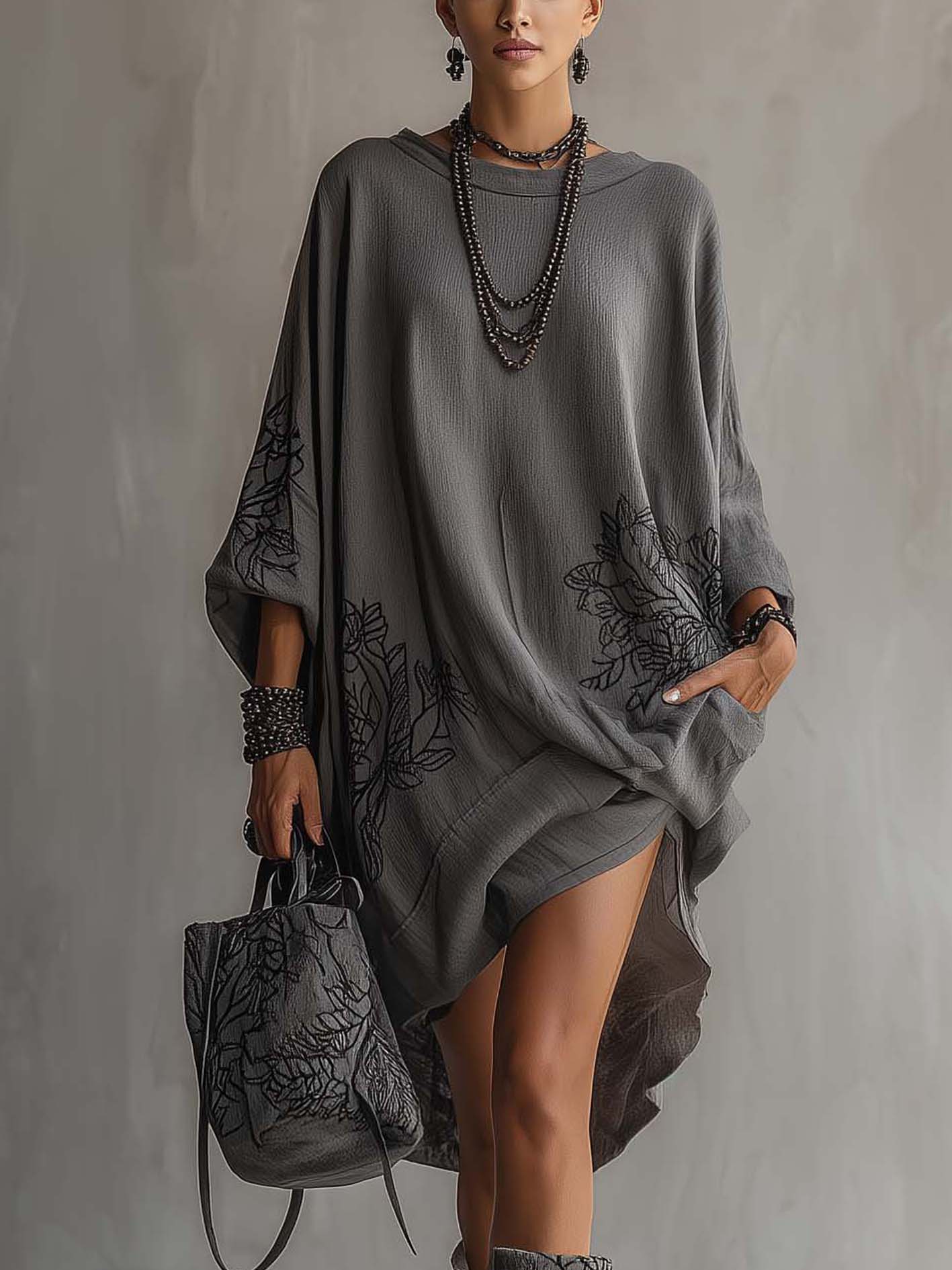 Dark Gray Cotton Linen Mini Dress With Black Floral Embroidery