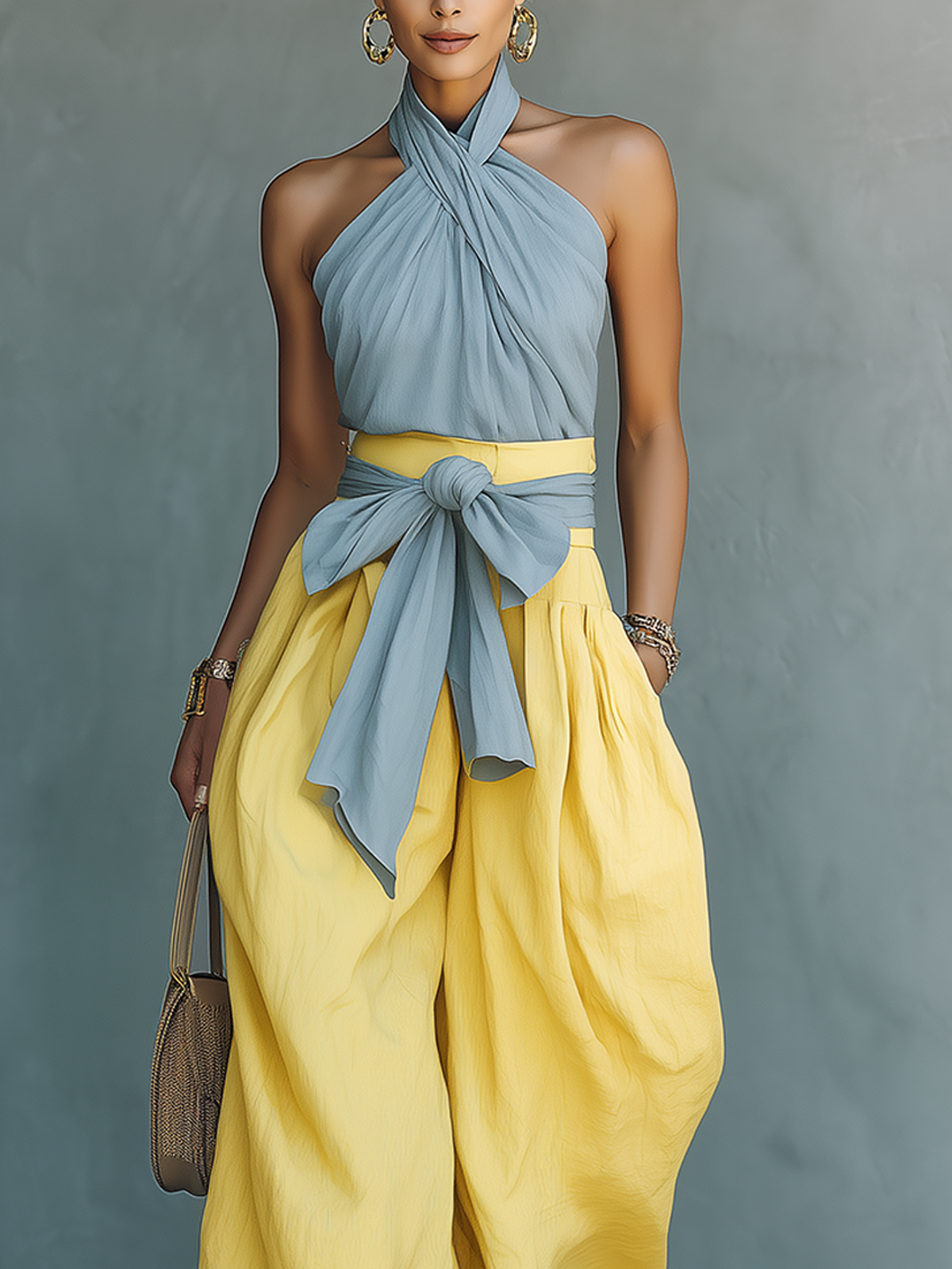 Blue Halter Top & Lemon Yellow Wide-Leg Pants Set
