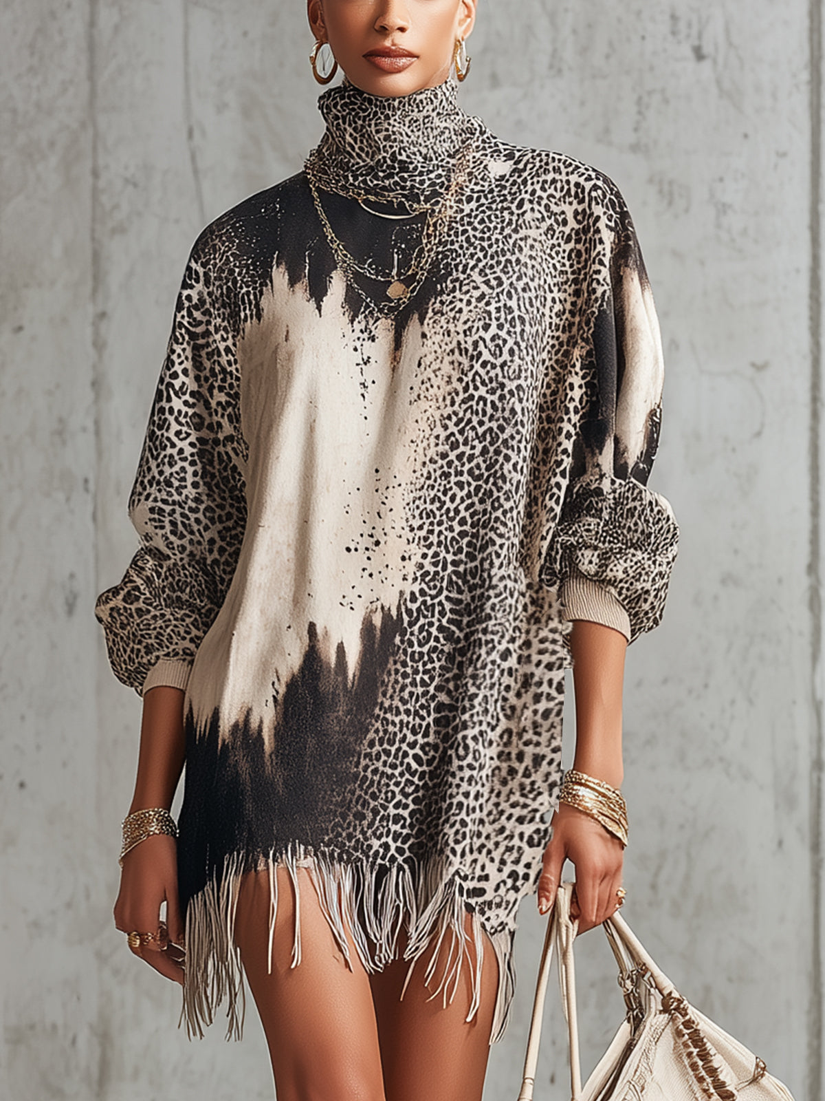 Gray Leopard Print Turtleneck Fringe Hem Faux Suede Dress