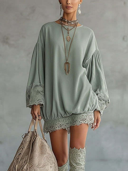 Green Lace-Trim Velvet Mini Dress