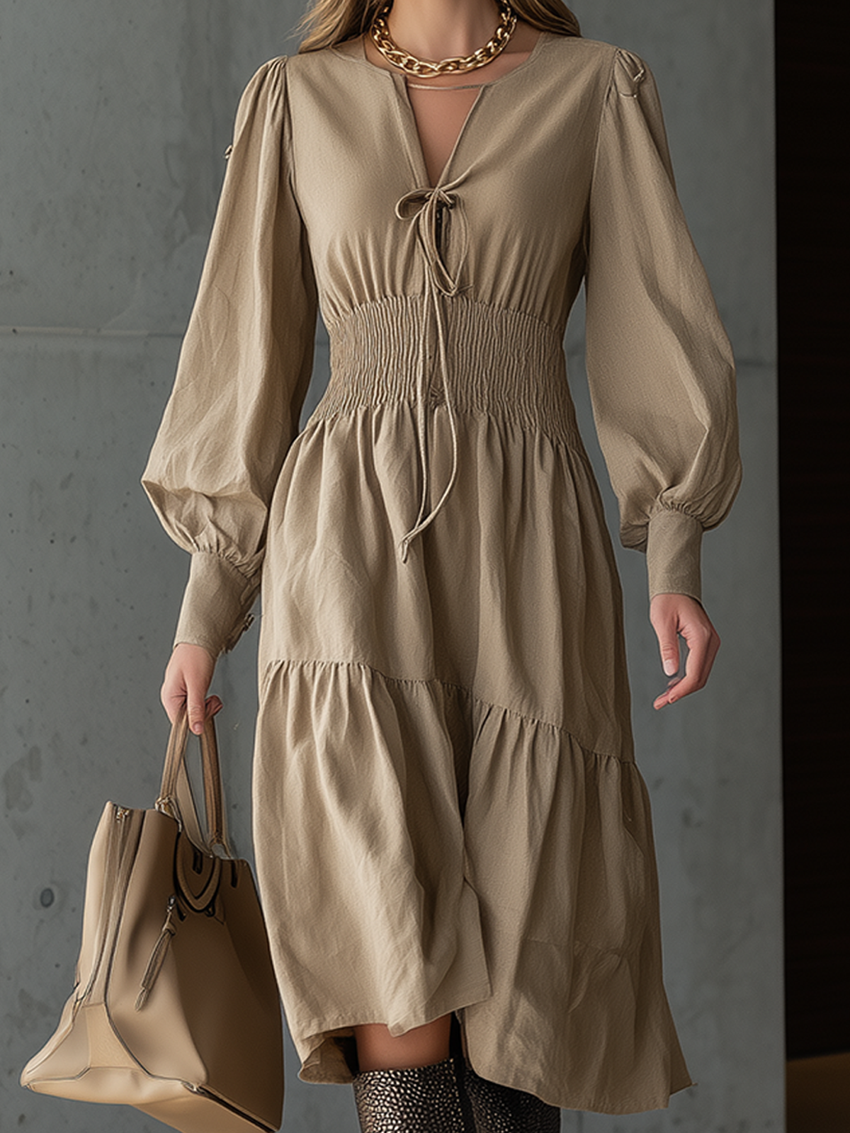 Brown Long Sleeve Smocked Waist Midi Dress