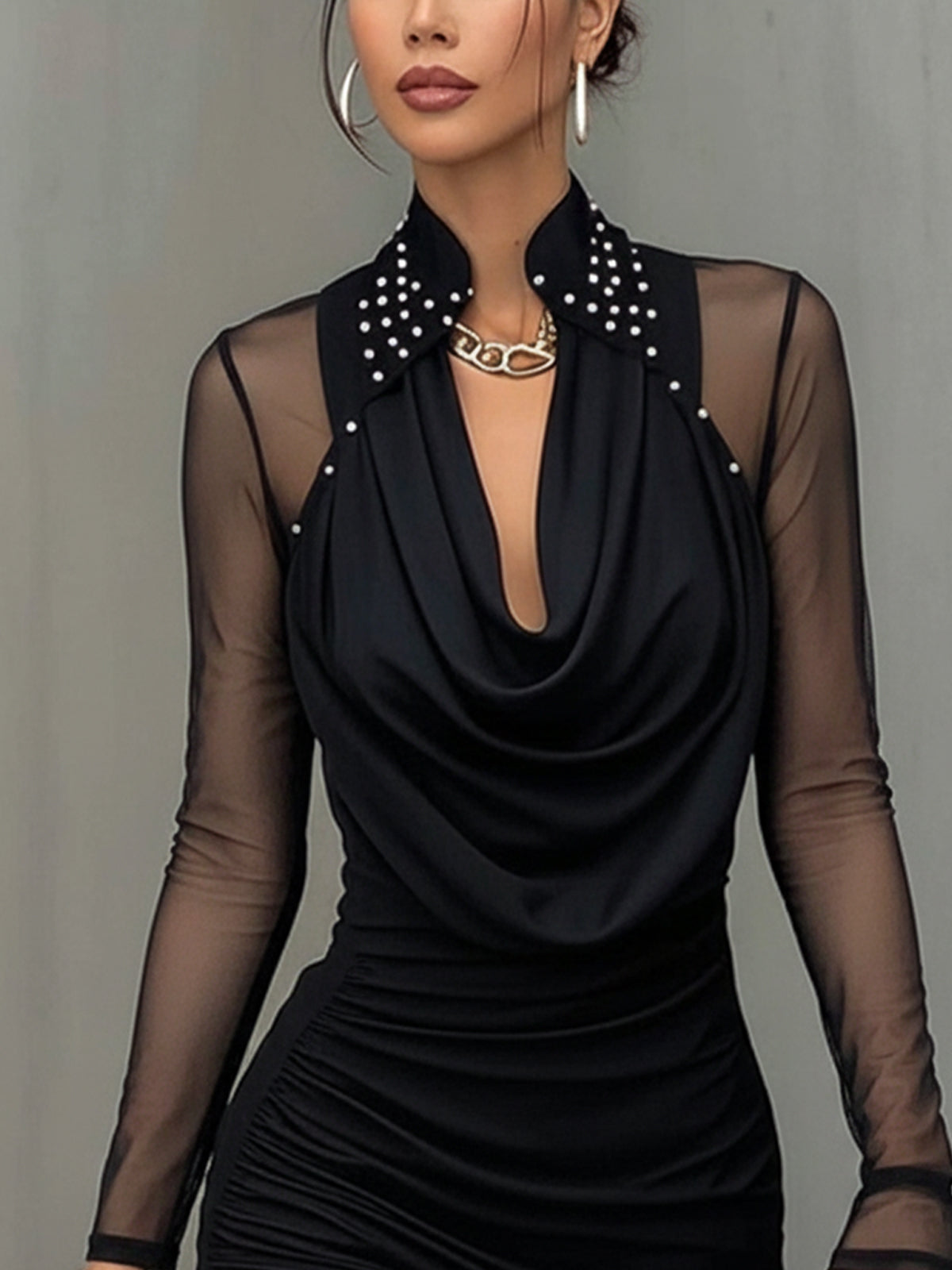 Black Sheer Sleeve Pearl Embellished Cowl Neck T-shirt