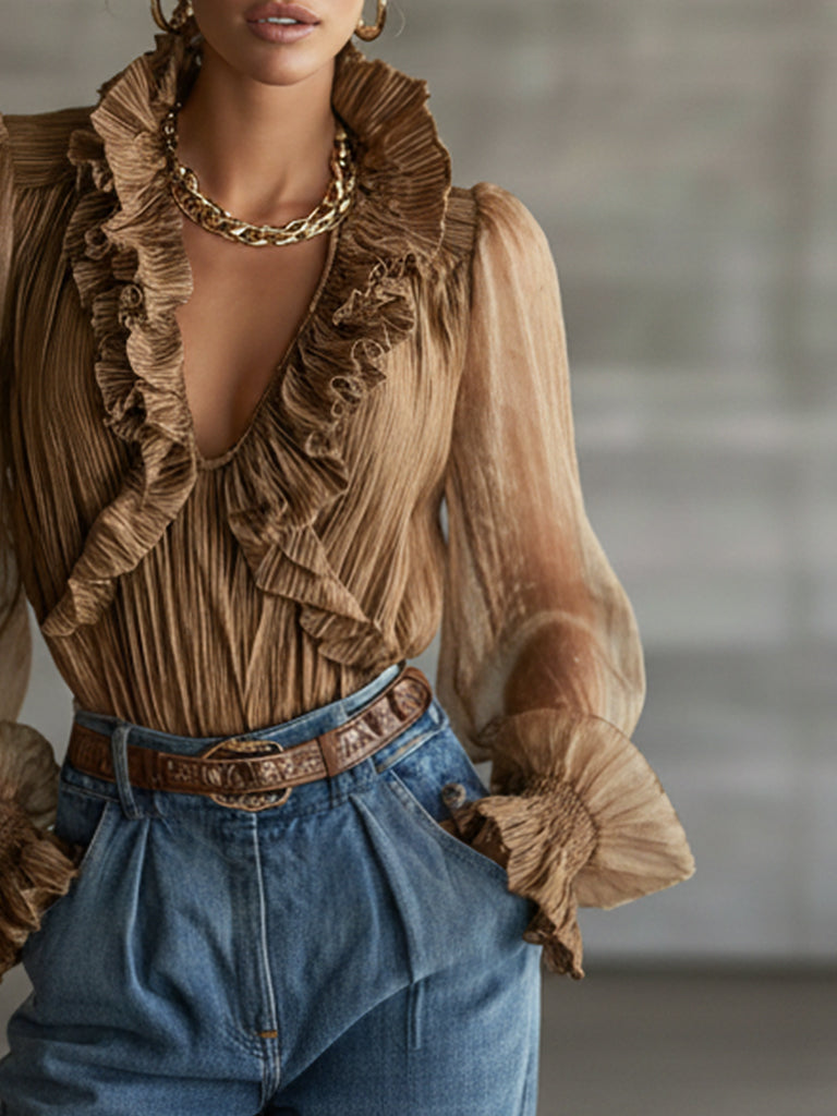 BrownRuffled Chiffon Puff Sleeve Blouse