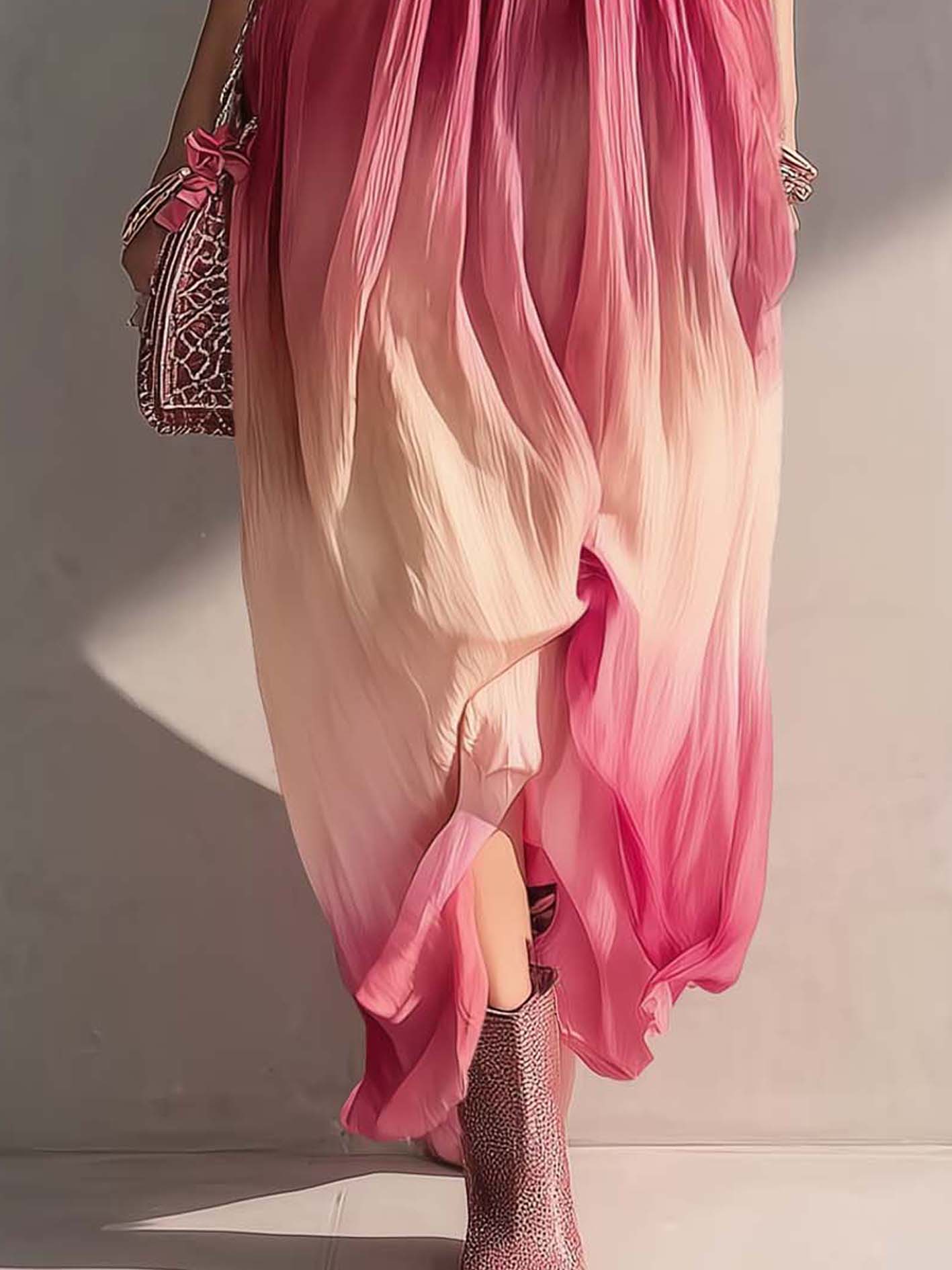Gradient Pink 3D Flower Chiffon Maxi Dress