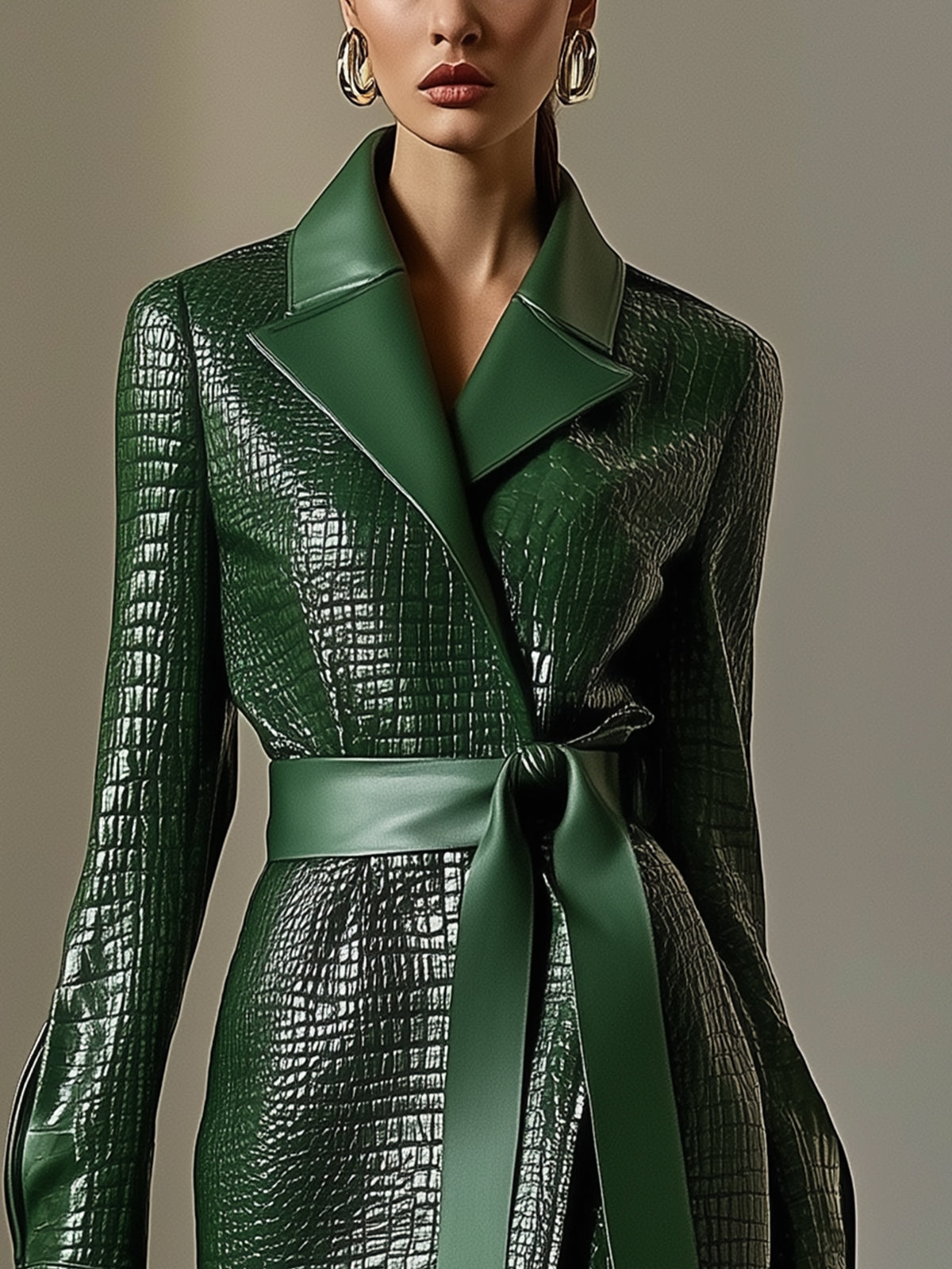 Emerald Crocodile Embossed Faux Leather Coat
