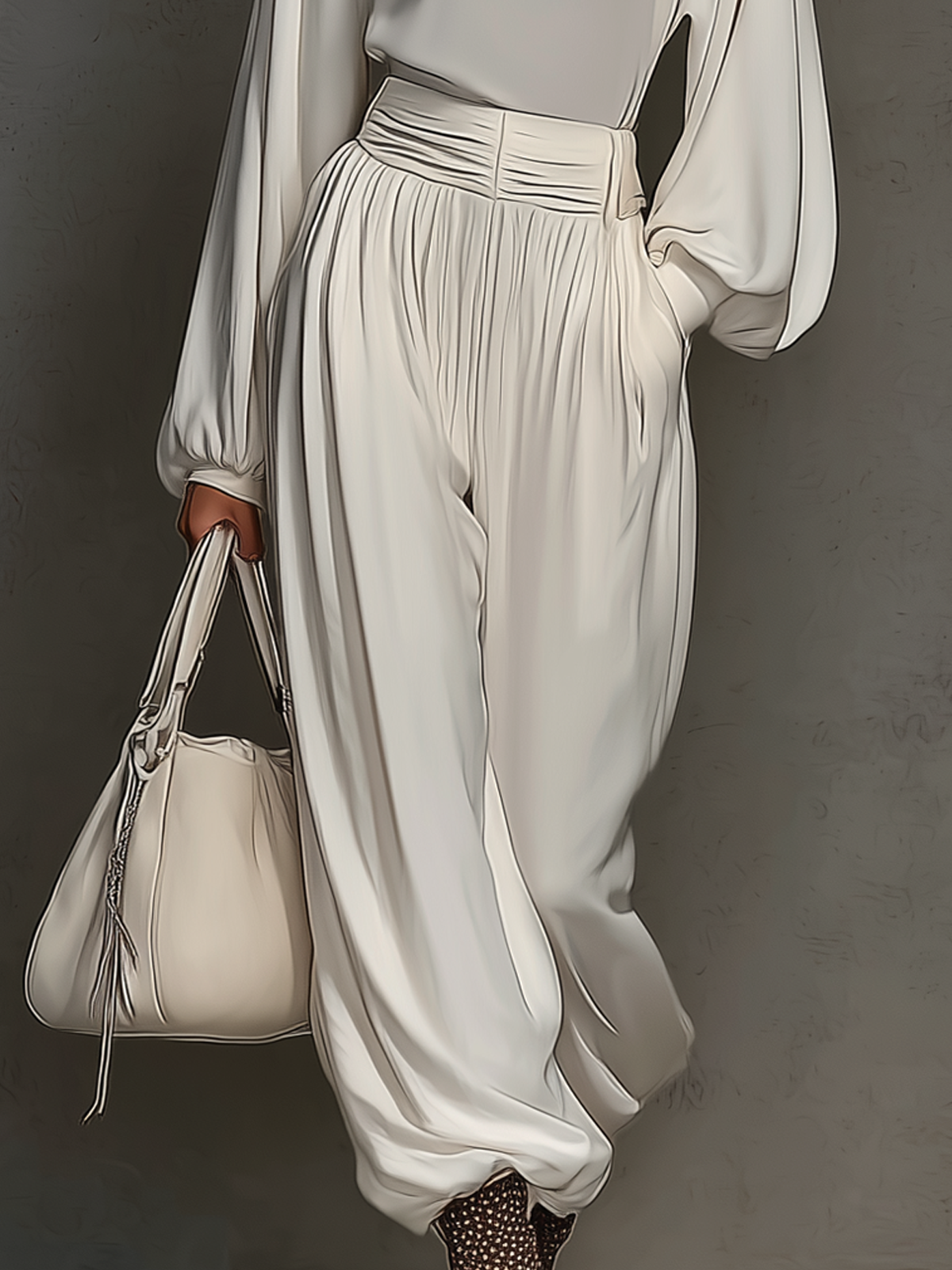 Beige Chiffon Puff Sleeve Suit With Wide-leg Trousers