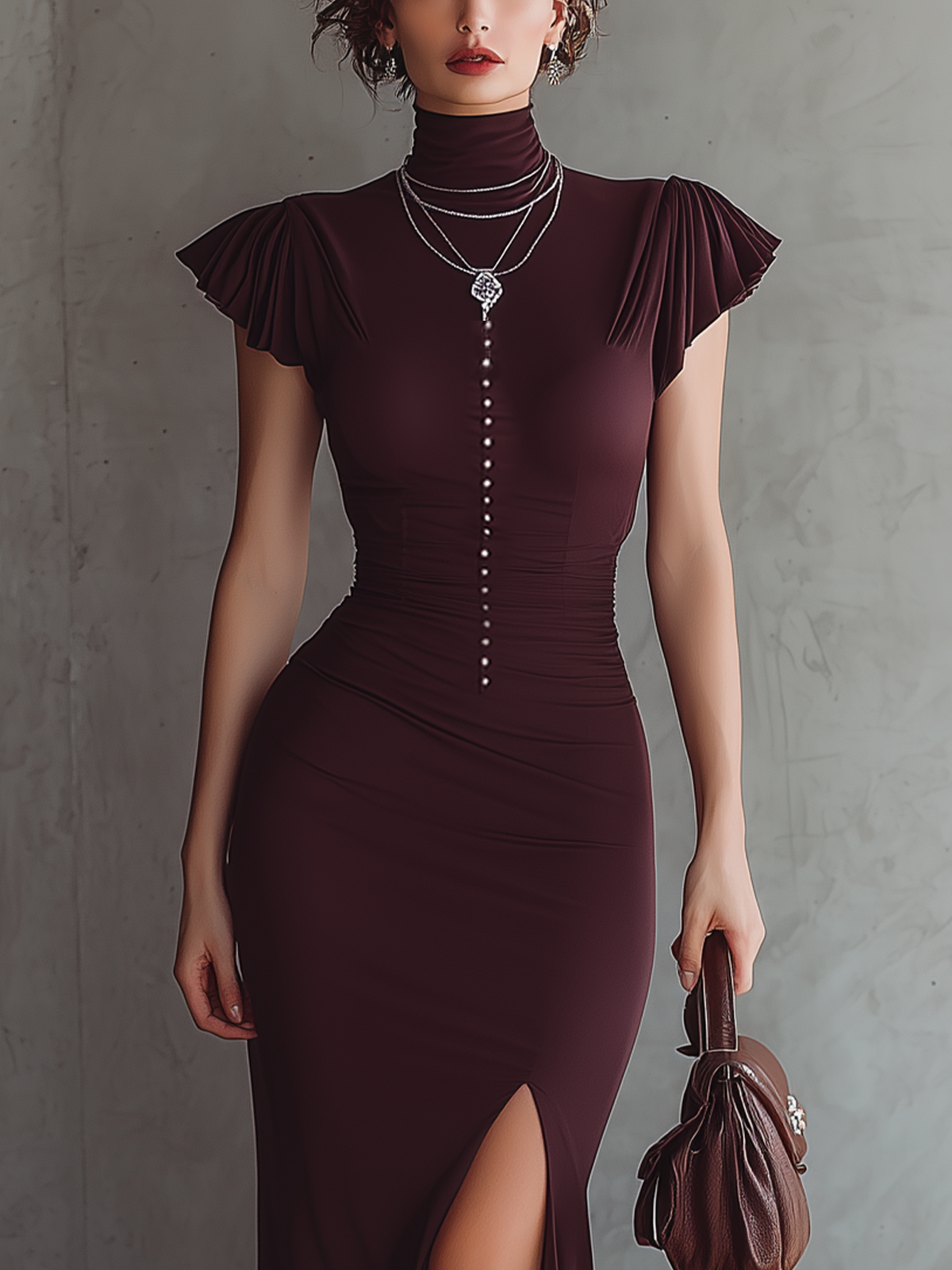 Wine Red Pearl-Embellished High-Neck Pleated Sleeve Evening Gown
