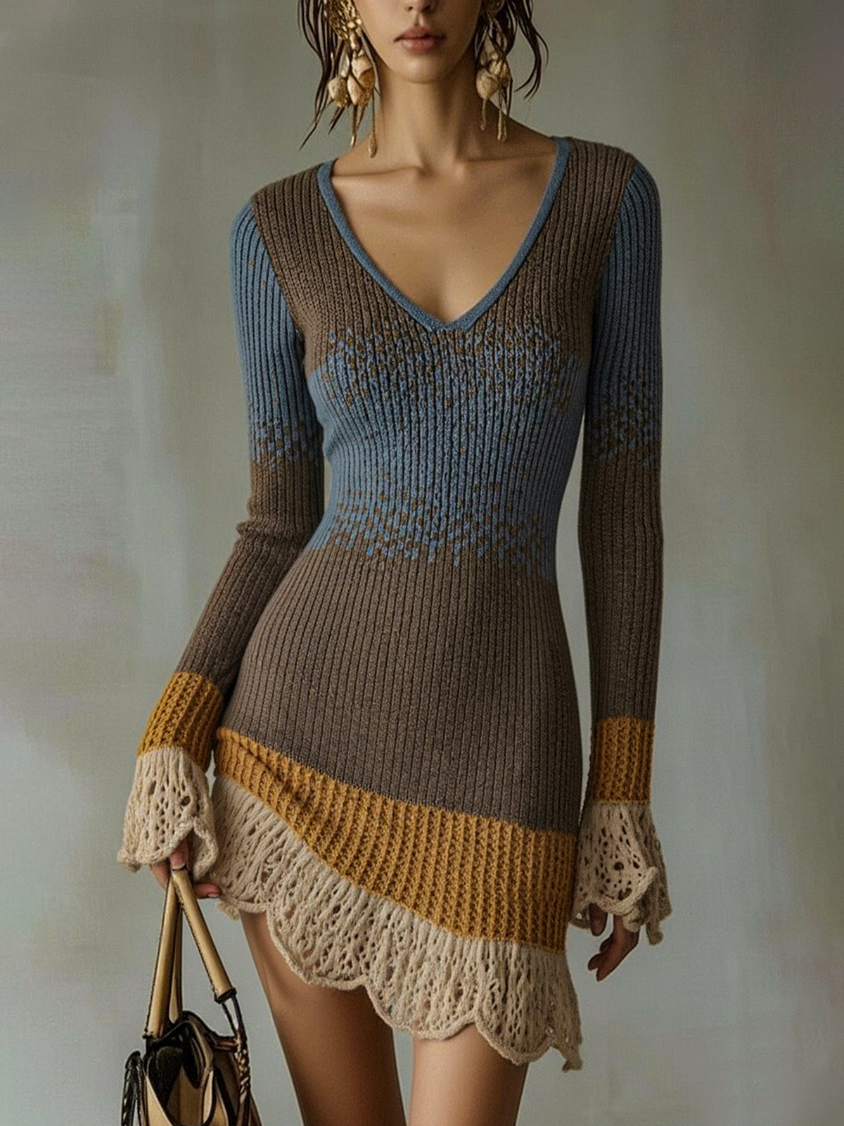 Multicolor Knit Mini Dress With Lace Ruffle Trim