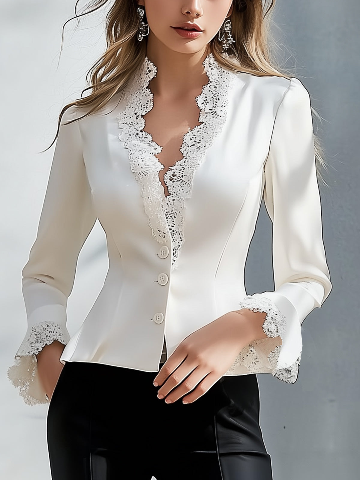Asymmetrical Cut Satin Blouse with Lace Detail