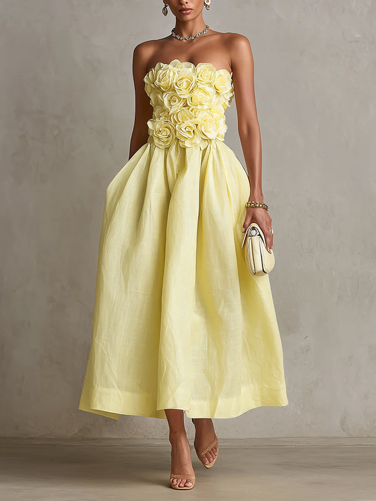Yellow Strapless Floral Applique Midi Dress