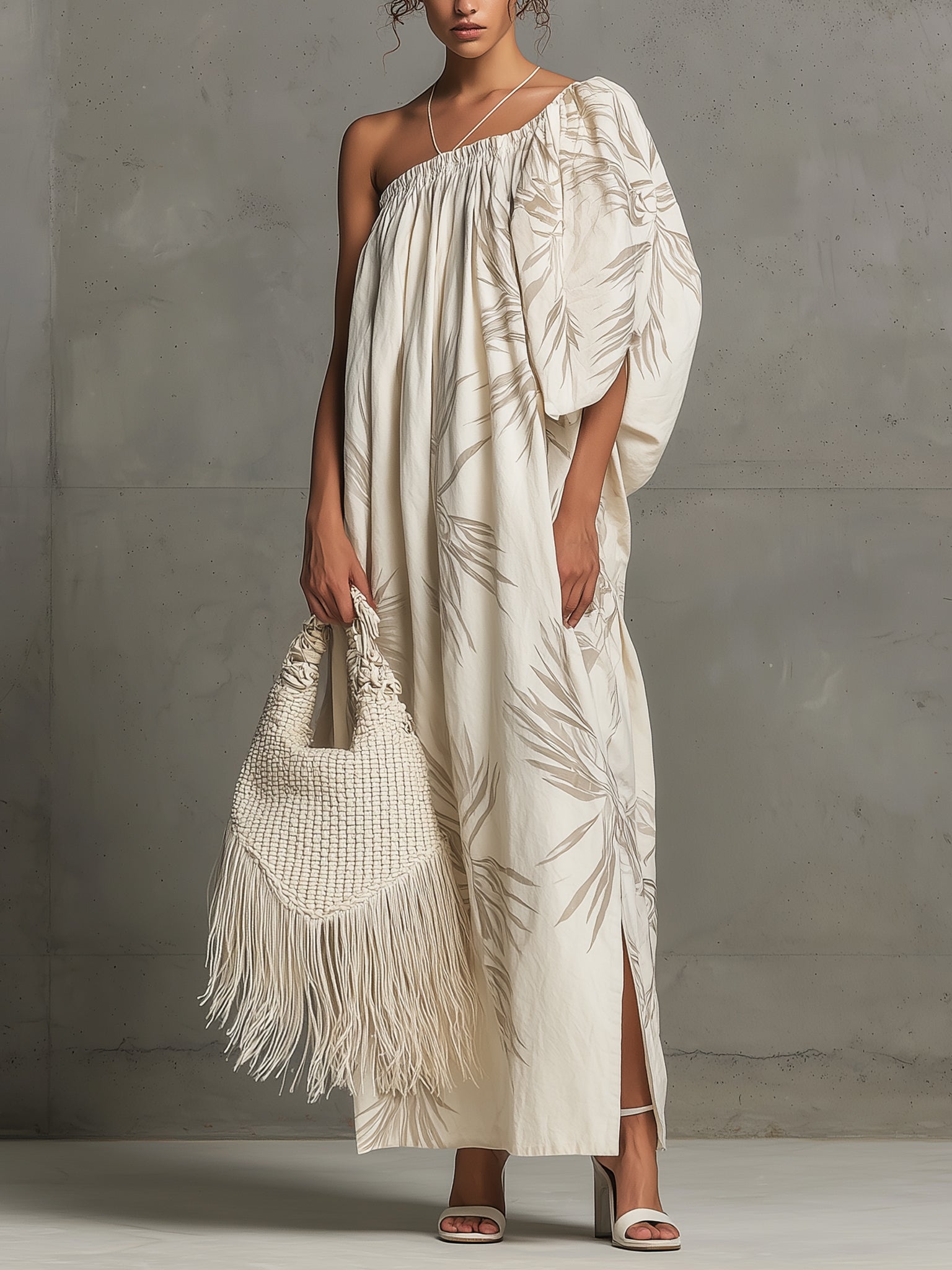 White Asymmetrical Elastic Cotton Print Maxi Dress