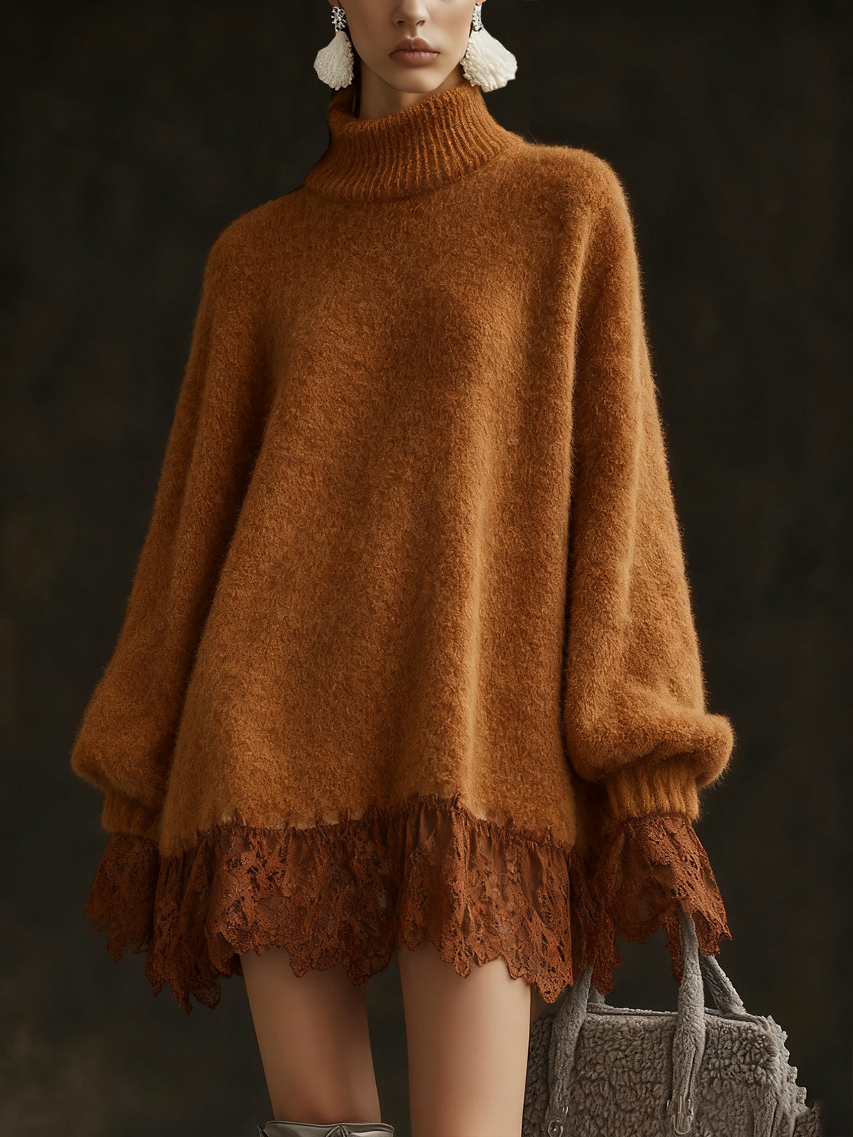Oversized Camel Knit Turtleneck Dress With Lace Hem