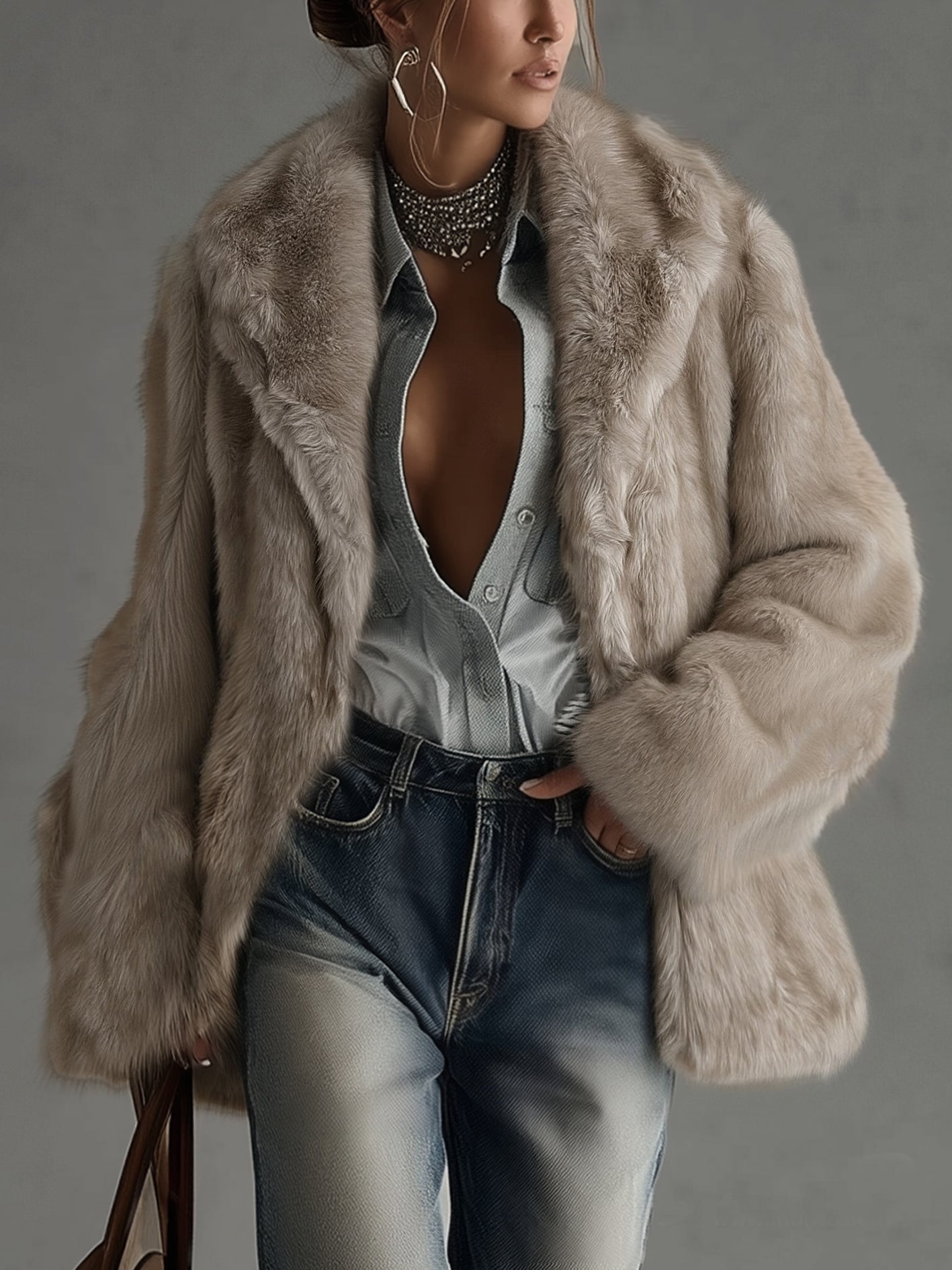 Soft Taupe Faux Fur Oversized Long Sleeve Coat