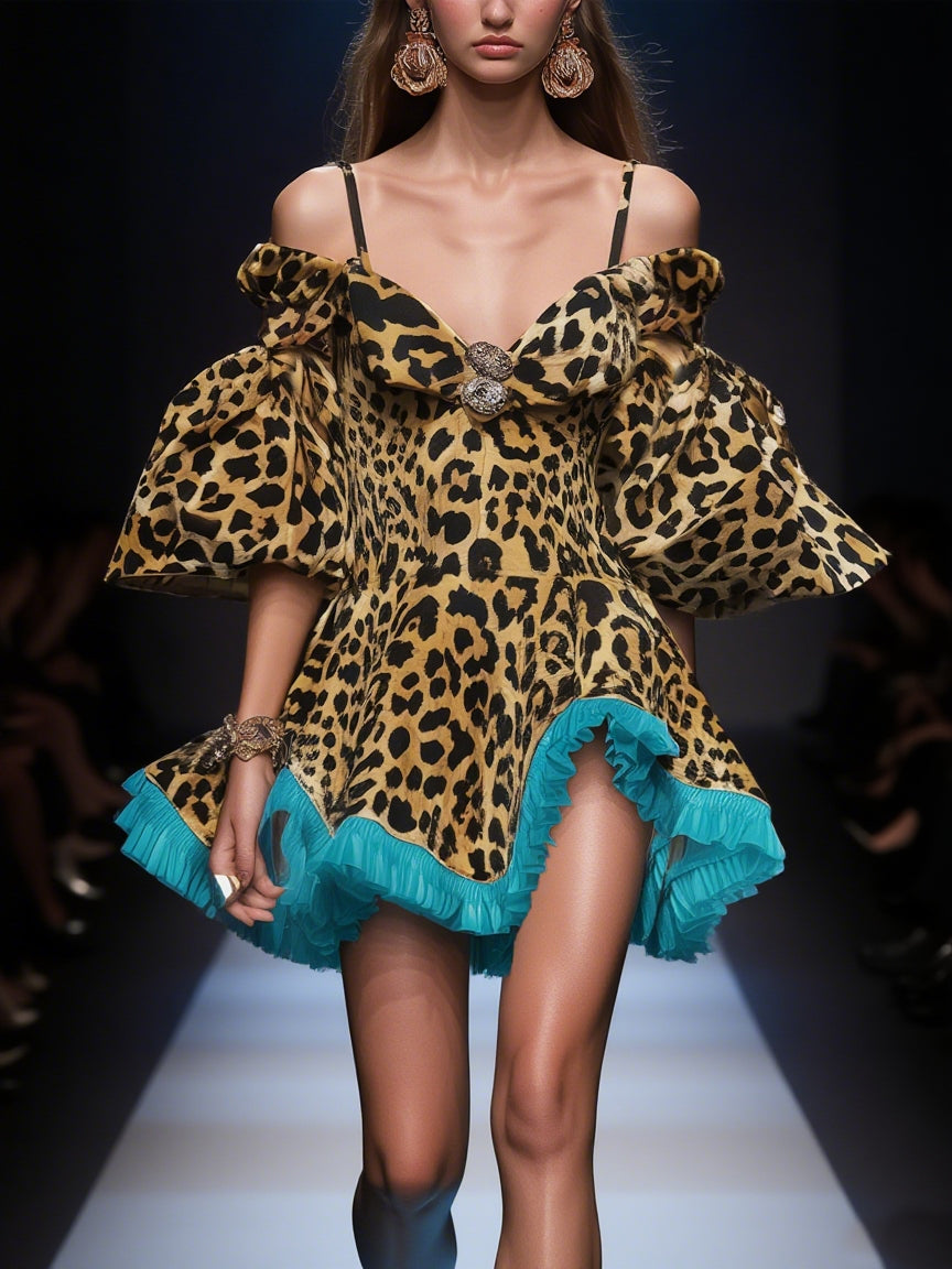 Leopard Print Off Shoulder Mini Dress With Turquoise Ruffles
