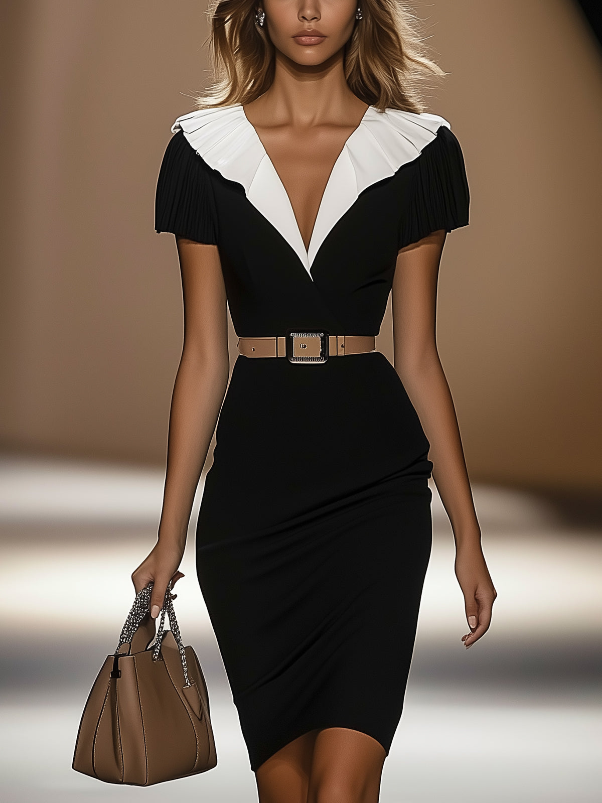 Ruffled V-Neck Bodycon Dress With Belt