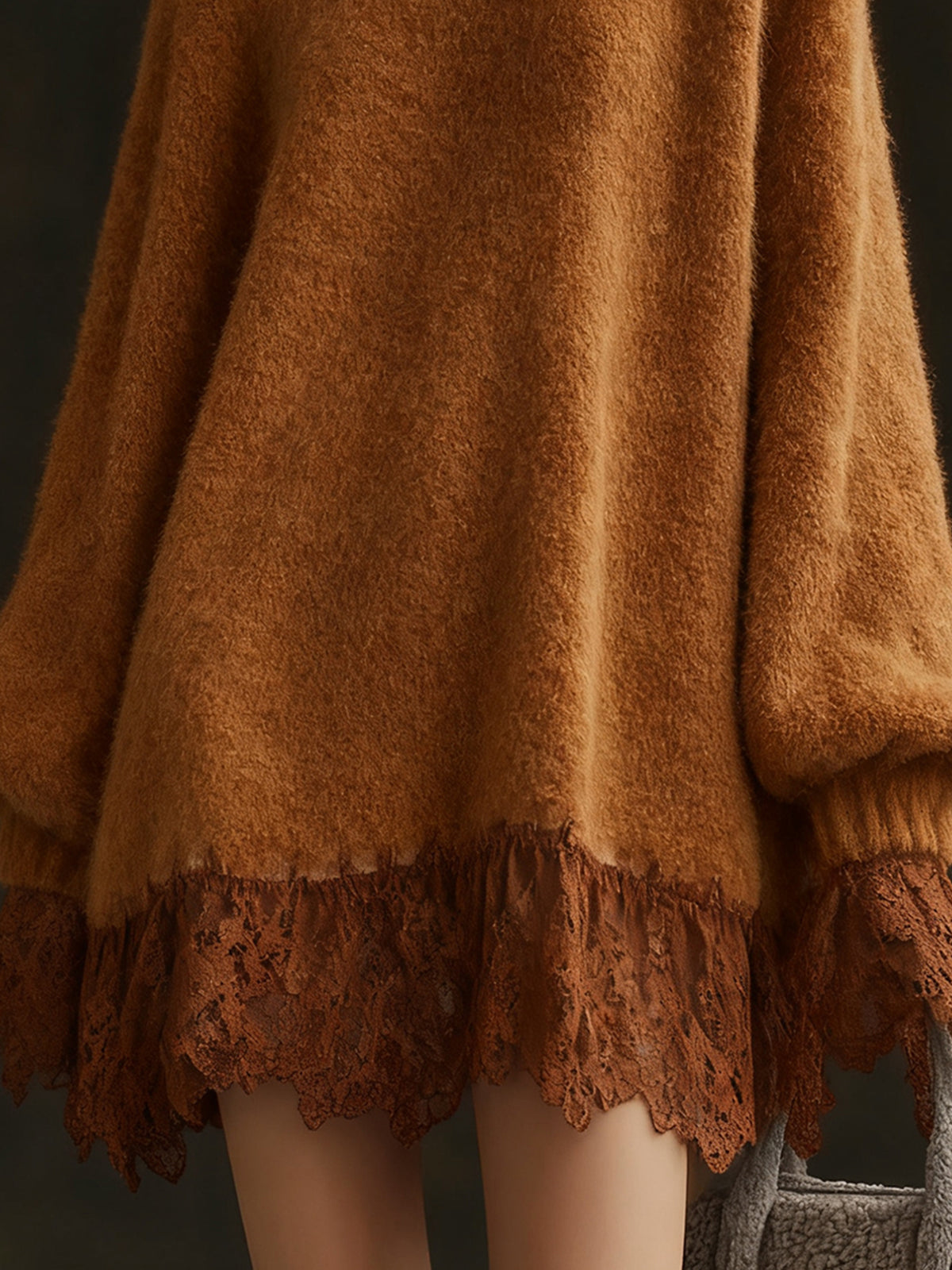 Oversized Camel Knit Turtleneck Dress With Lace Hem