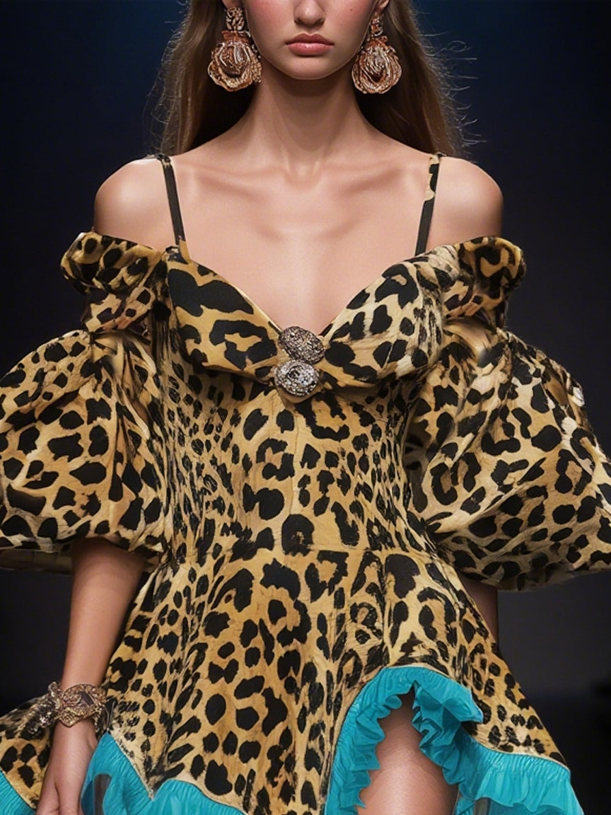 Leopard Print Off Shoulder Mini Dress With Turquoise Ruffles