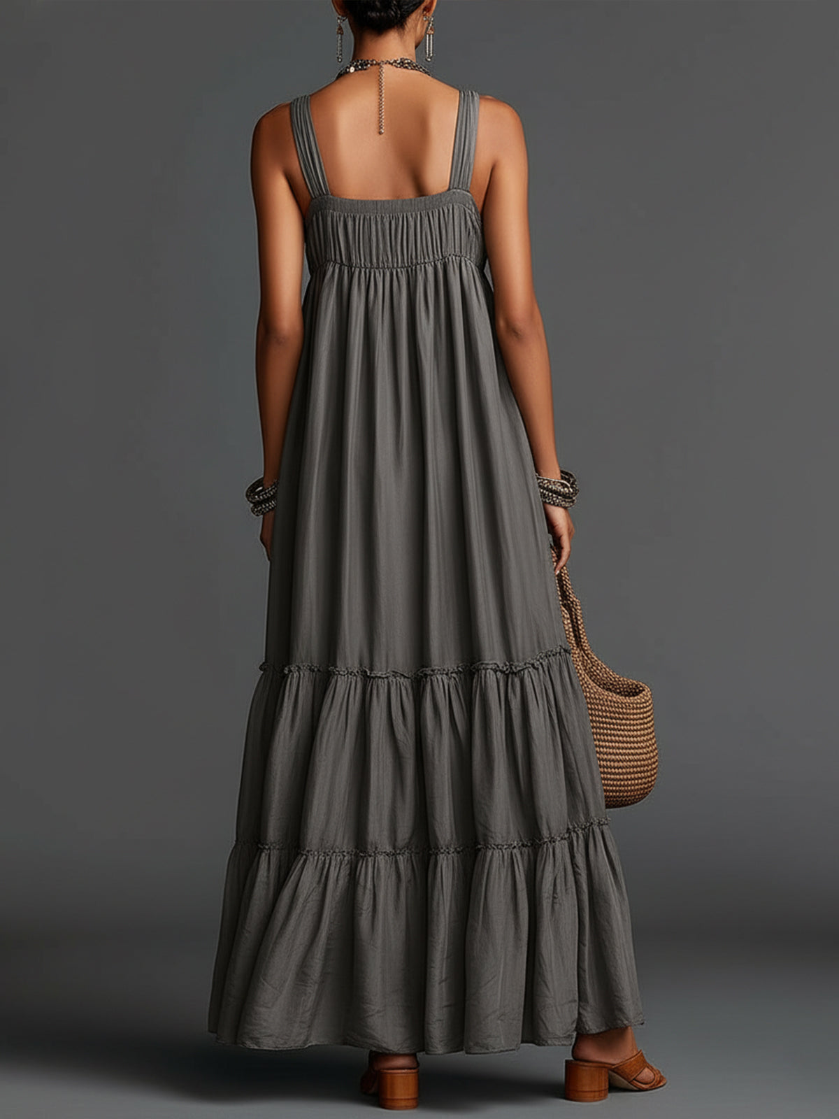 Gray Tiered Maxi Dress With Double Straps And Flowy Silhouette