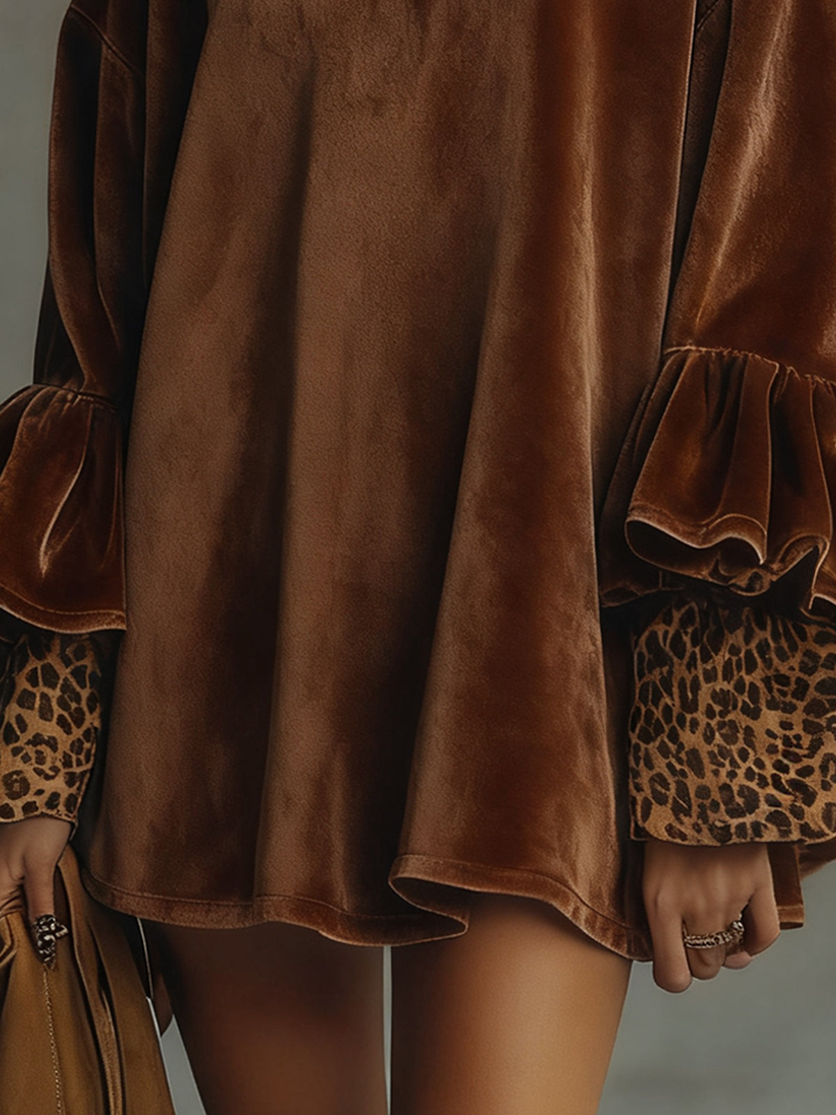 Chocolate Velvet Leopard Cuff Flounce Sleeve Mini Dress