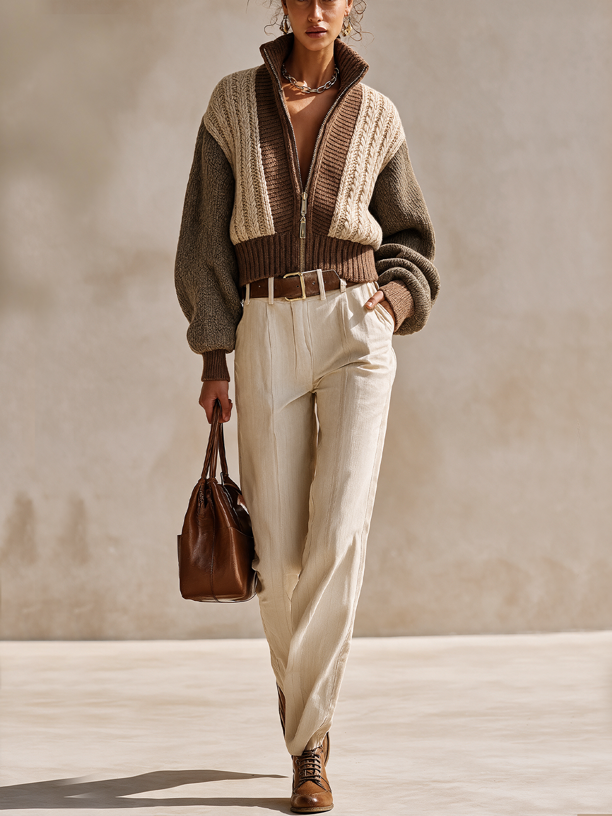 Color Block Cable Knit Zip‑Up Cropped Knit Jacket