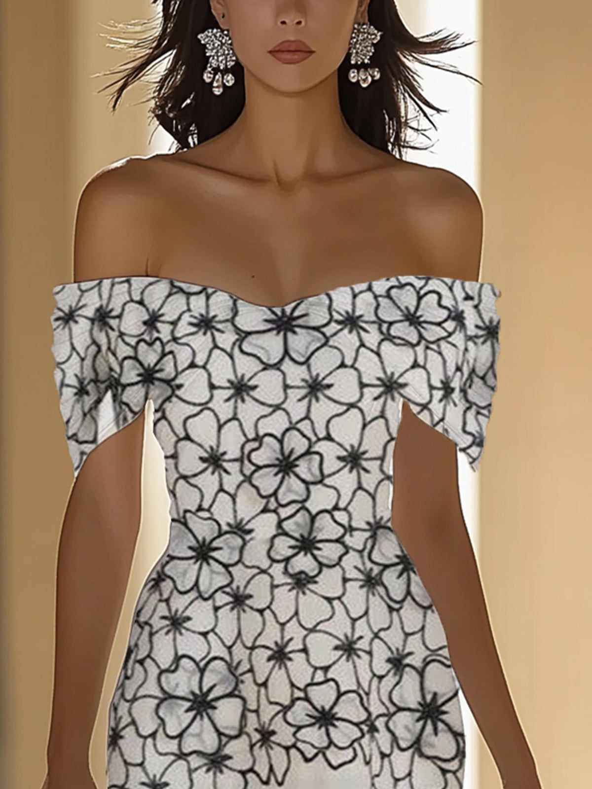 Off Shoulder Floral Print Bodycon Mermaid Hem Dress