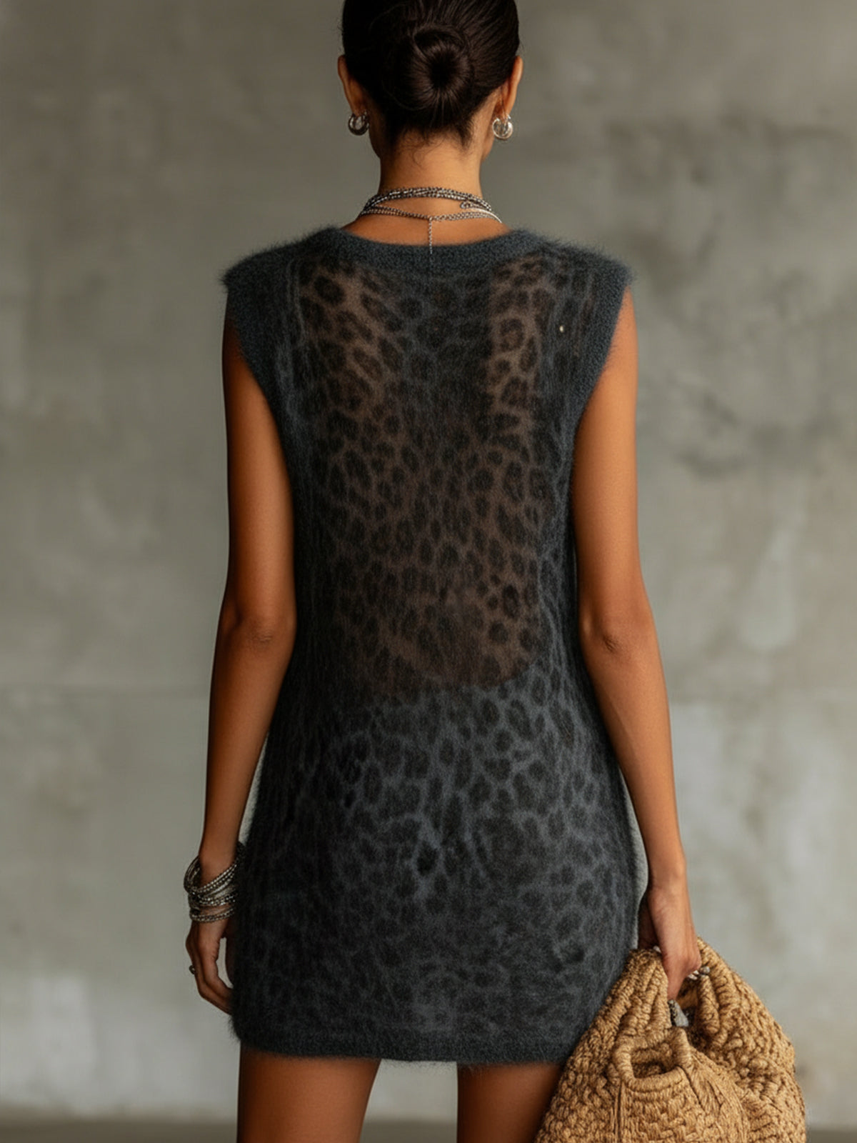 Brown Leopard Fuzzy Knit Mini Dress