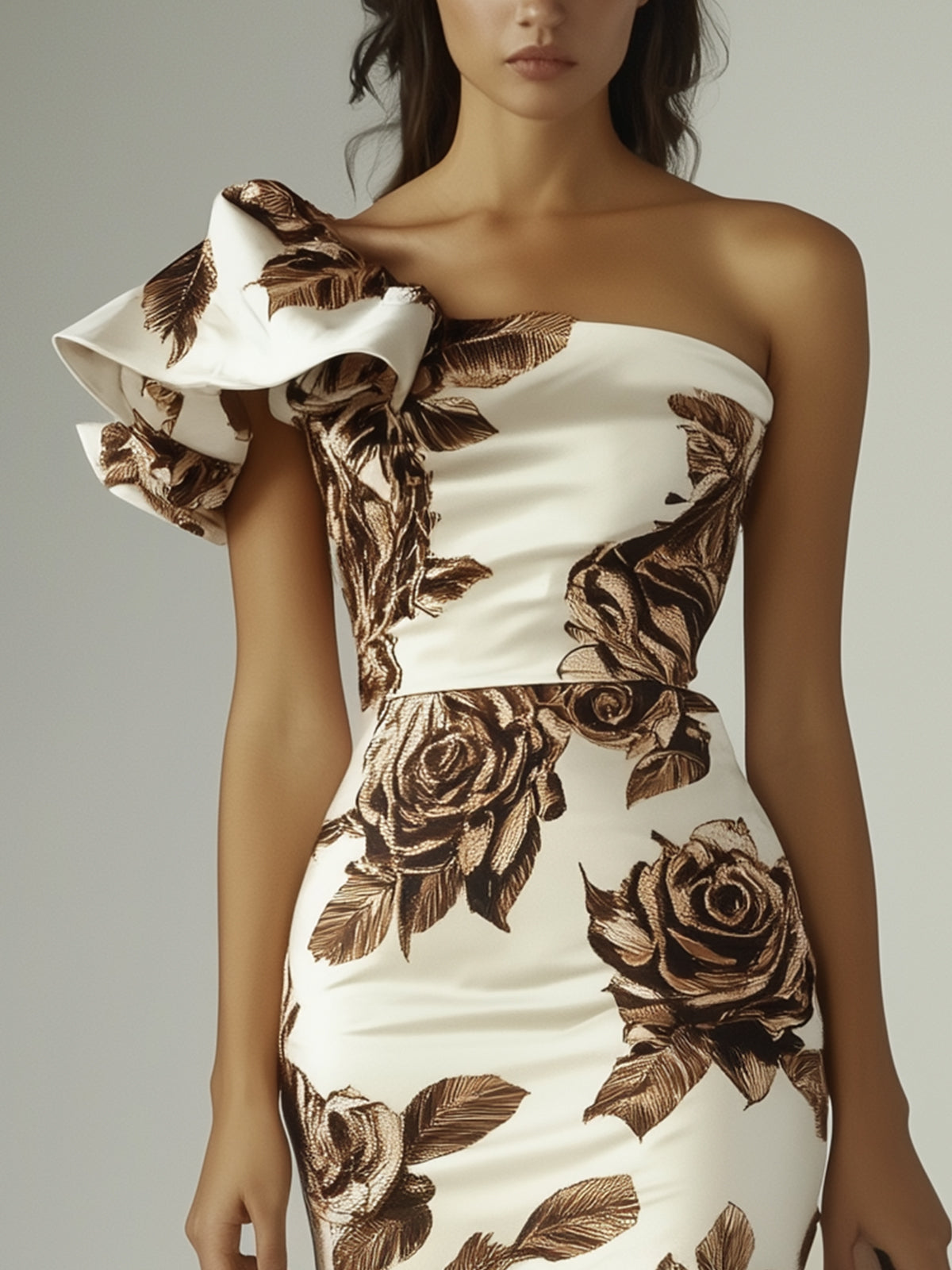 One Shoulder Rose Print Mermaid Hem Bodycon Dress