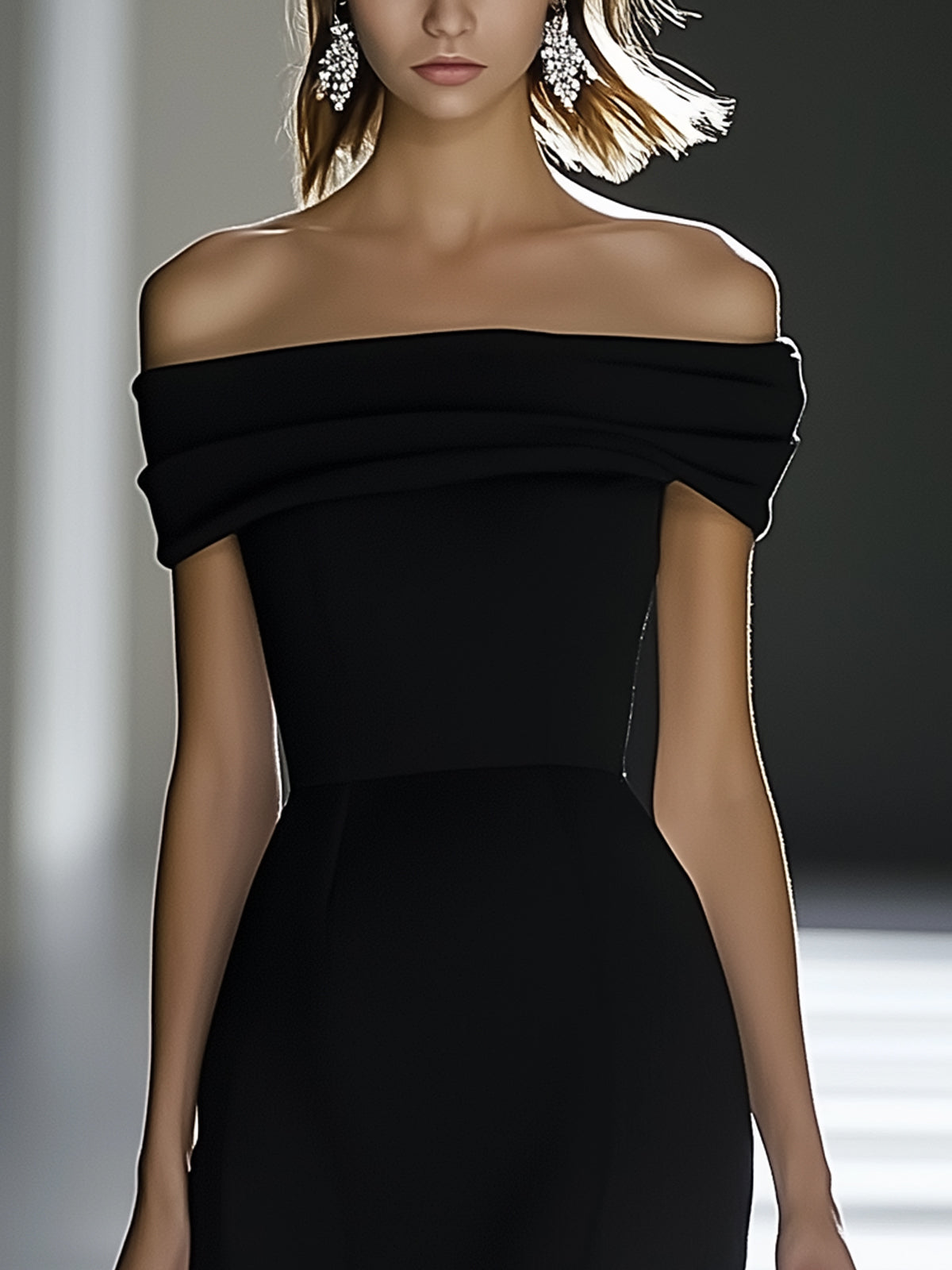 Off Shoulder Bodycon Chiffon Dress With Pleated Hem