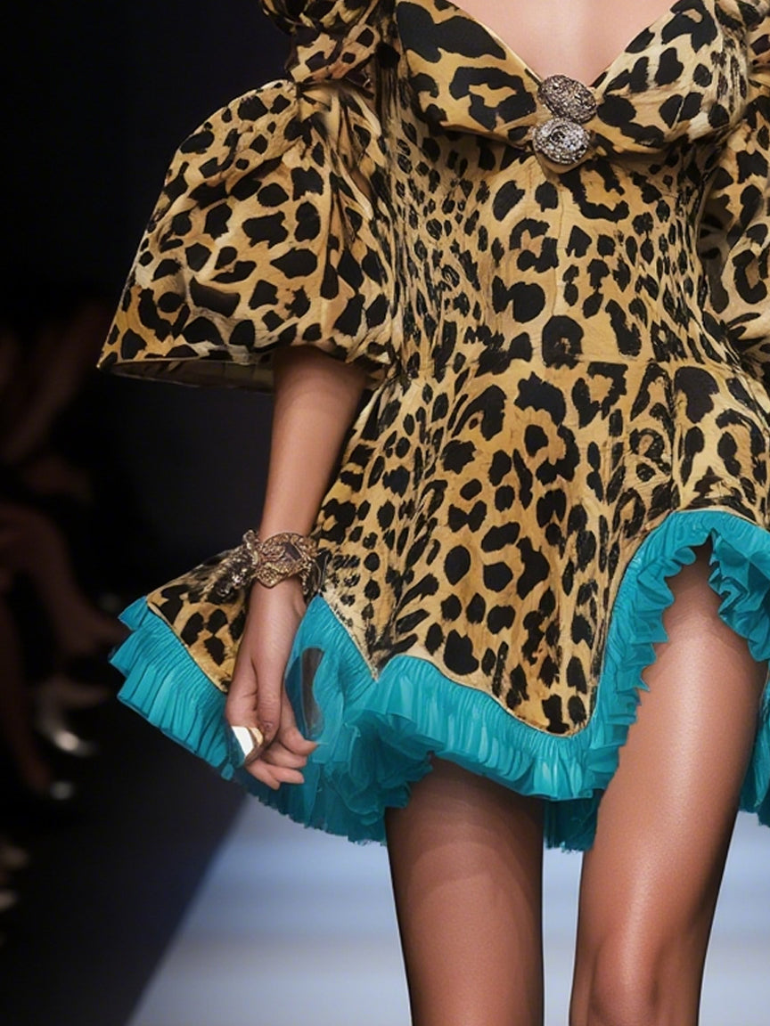 Leopard Print Off Shoulder Mini Dress With Turquoise Ruffles