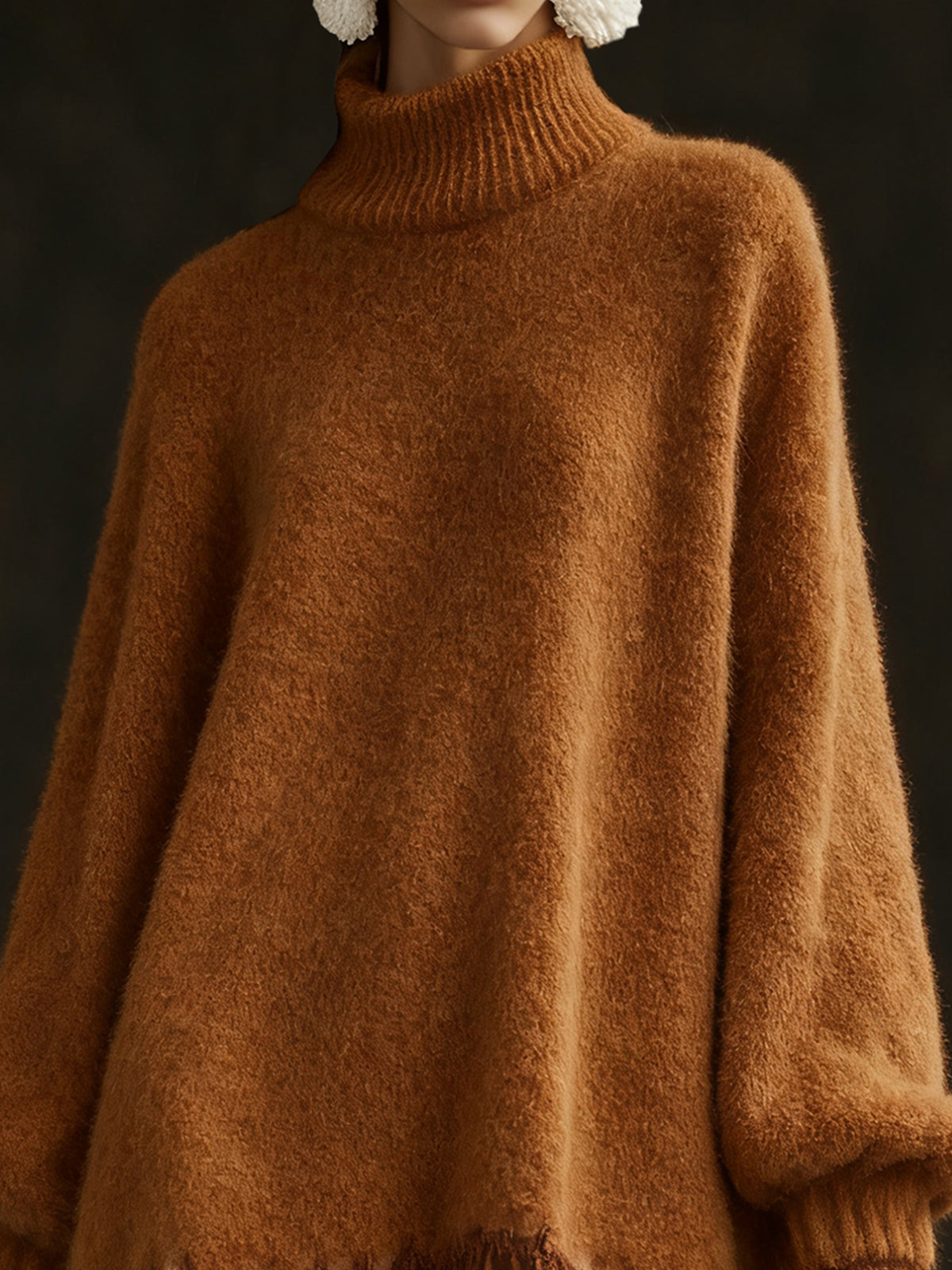 Oversized Camel Knit Turtleneck Dress With Lace Hem