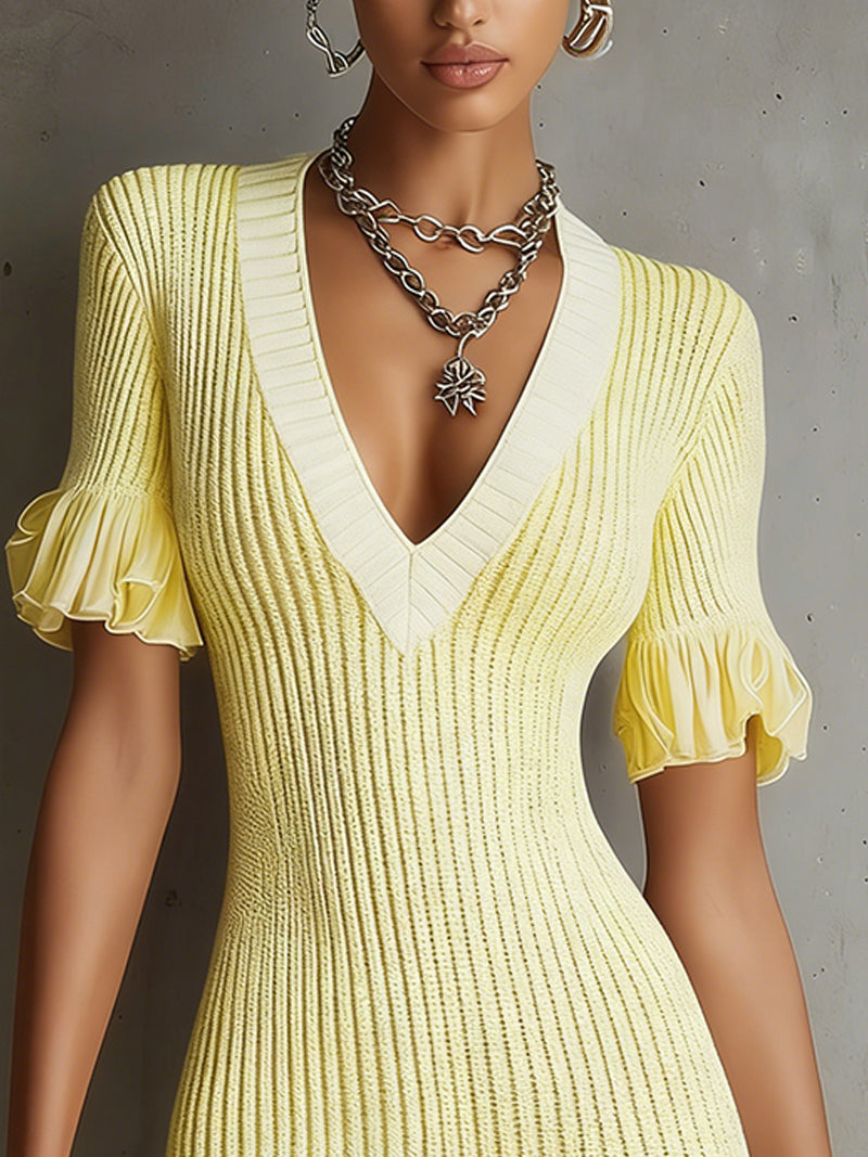 Pink Knit Mini Dress With Deep V-Neck And Ruffled Hem