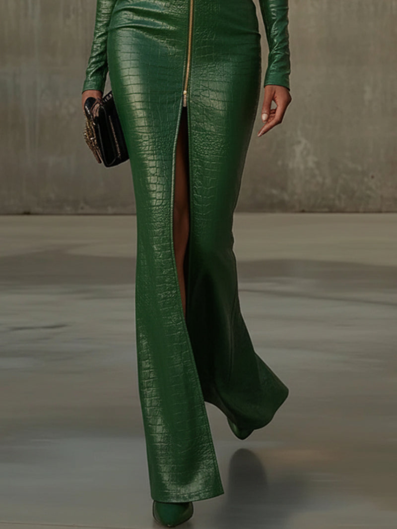 Green Elegance Croc Embossed Maxi Dress
