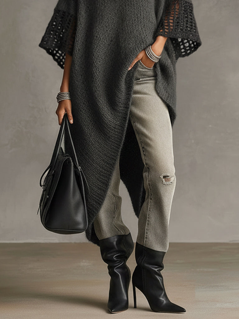 Gray Asymmetric Hem Loose Knit Dress With Crochet Mid Sleeves
