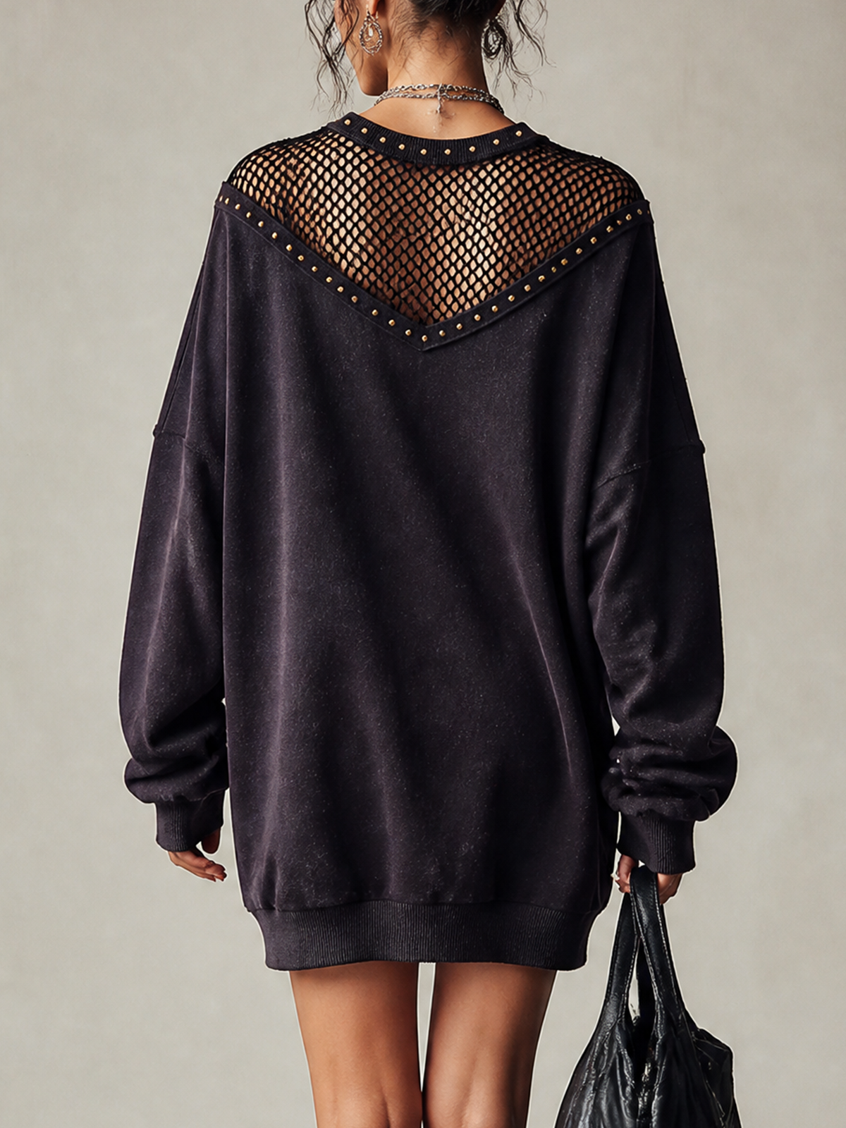 Deep Purple Studded Mesh Yoke Oversized Sweatshirt Mini Dress