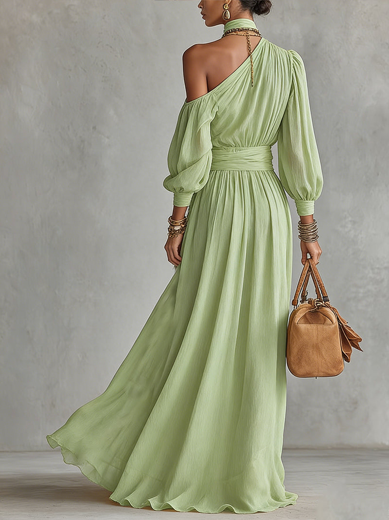 Green One-Shoulder Maxi Dress With Lace Trim And Waist Tie
