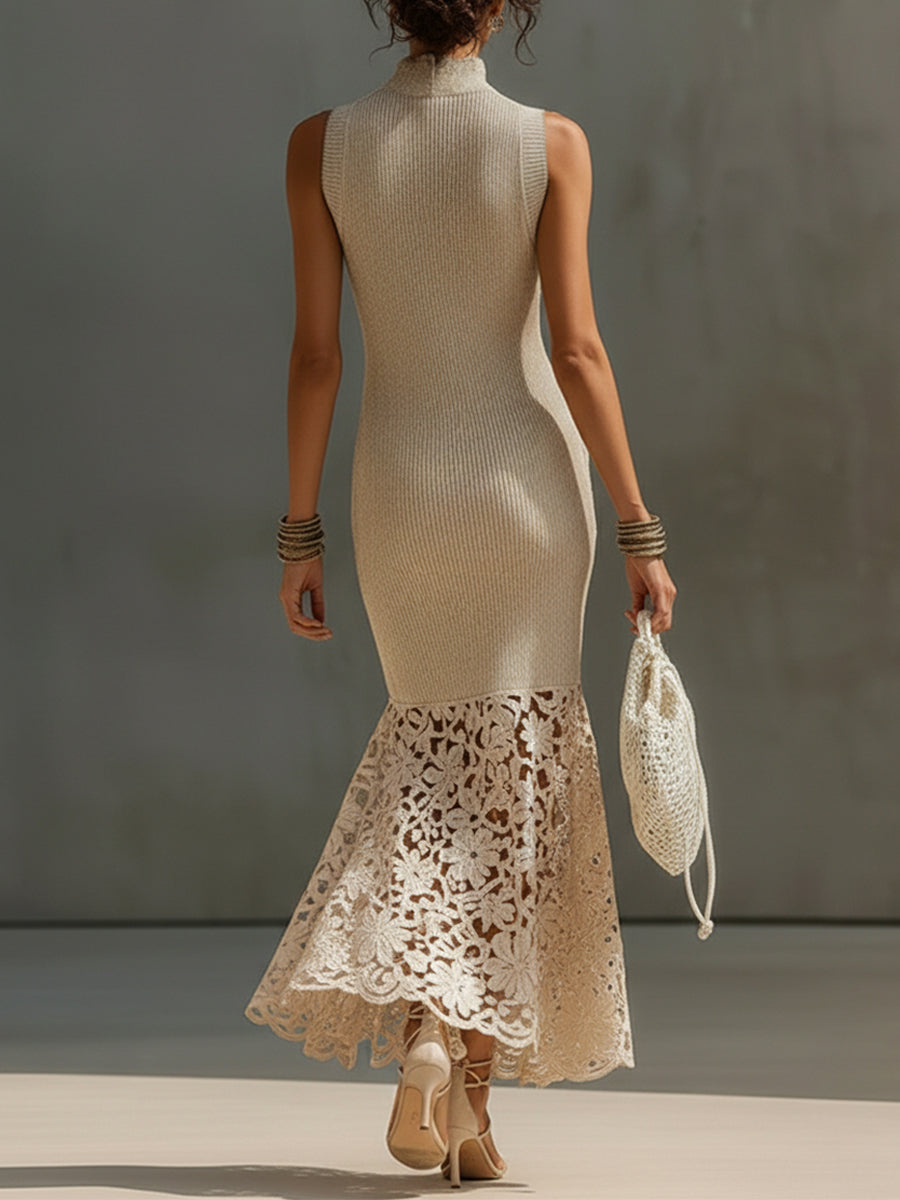 Beige Elegance Knit Lace Hem Bodycon Dress
