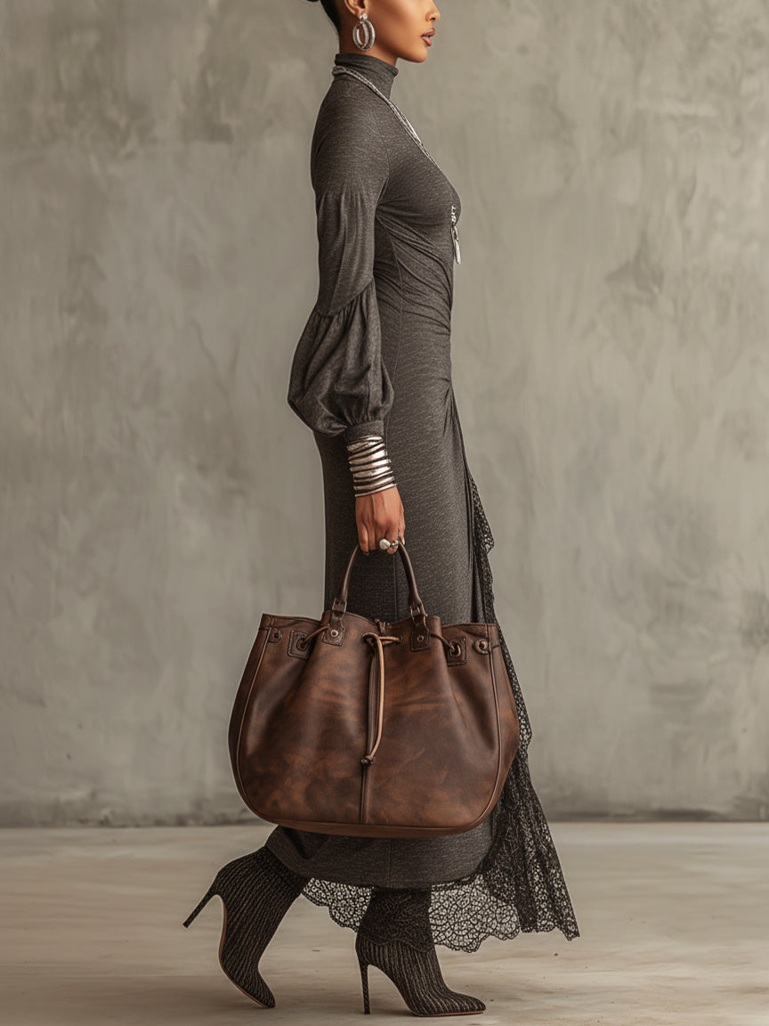 Gray Knitted Lace Hem Puff Sleeve Maxi Dress